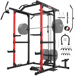 ARMAC - Power Cage,1500lbs Multi-Function Power Rack with Adjustable Cable Crossover System and More Training Attachment - black+red
