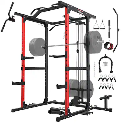 Front. ARMAC - Power Cage,1500lbs Multi-Function Power Rack with Adjustable Cable Crossover System and More Training Attachment - black+red.