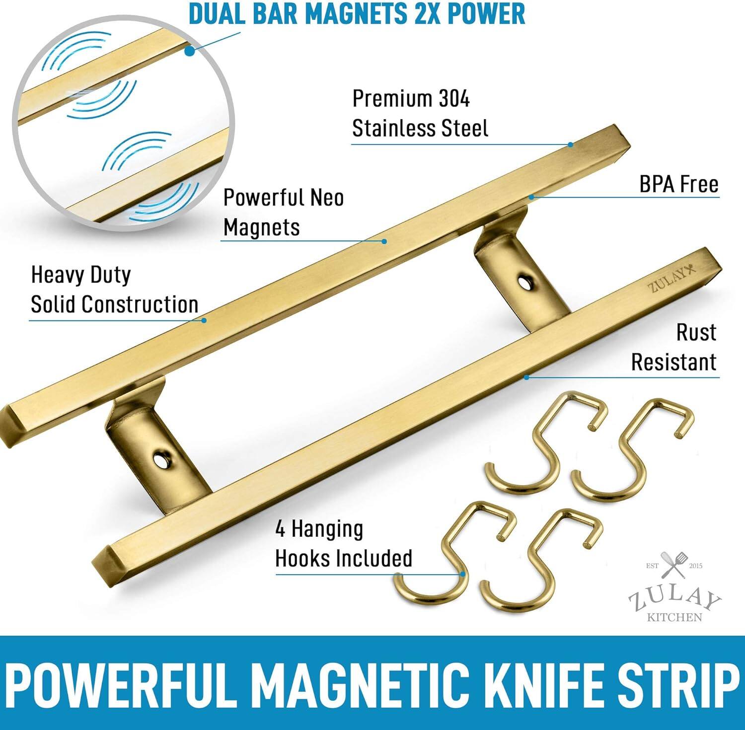 DUAL BAR MAGNETS 2X POWER

Premium 304 Stainless Steel  
Powerful Neo Magnets  
Heavy Duty Solid Construction  
BPA Free  
Rust Resistant  
4 Hanging Hooks Included  

POWERFUL MAGNETIC KNIFE STRIP
