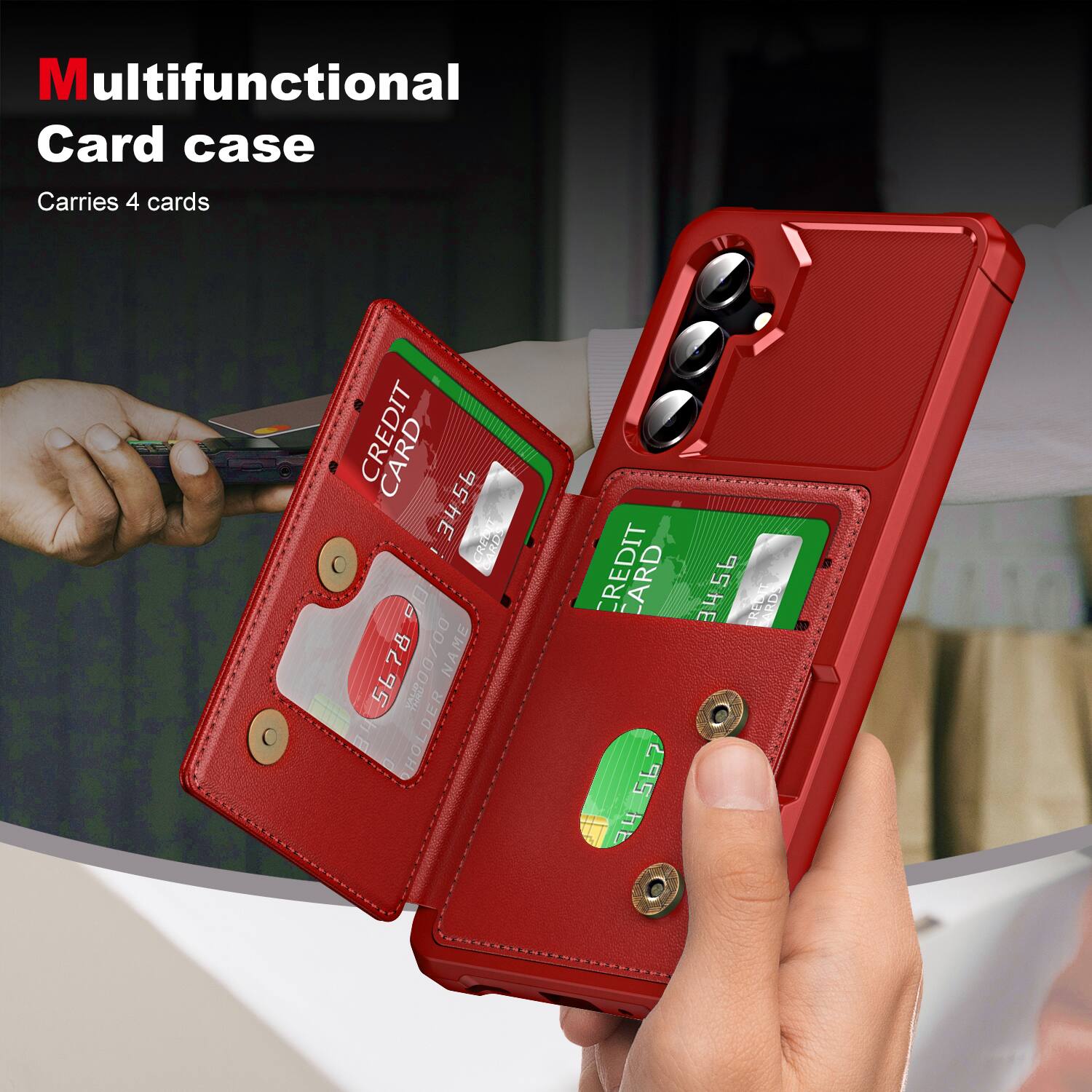 Multifunctional Card case  
Carries 4 cards  

CREDIT CARD  
3456 7890 1234 5678  
NAME: YANDER  
HOLDER: HOL  

CREDIT CARD  
3456 7890 1234 5678
