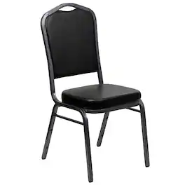 Emma + Oliver - Crown Back Stacking Banquet Dining Chair - Black Vinyl/Silver Vein Frame
