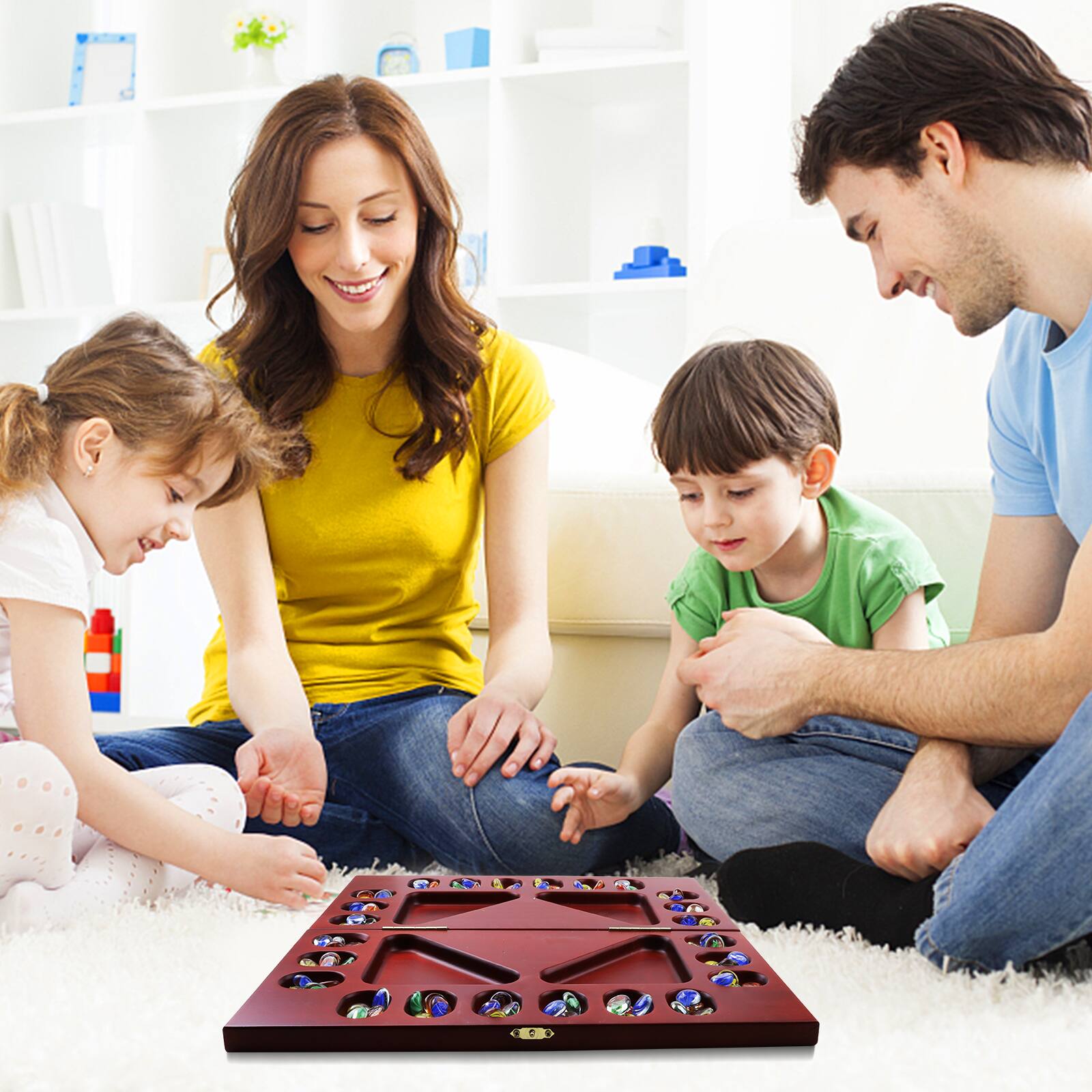 Alt View 3. GSE Games & Sports Expert - 4-Player Mancala Board Game with Multi-Color Glass Stones, Folding Wooden 4-Way Mancala - Mahogany.