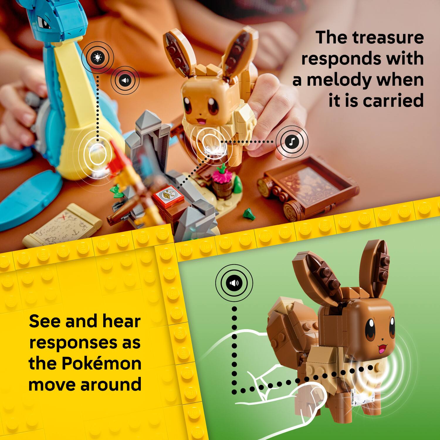 The treasure responds with a melody when it is carried.  
See and hear responses as the Pokémon move around