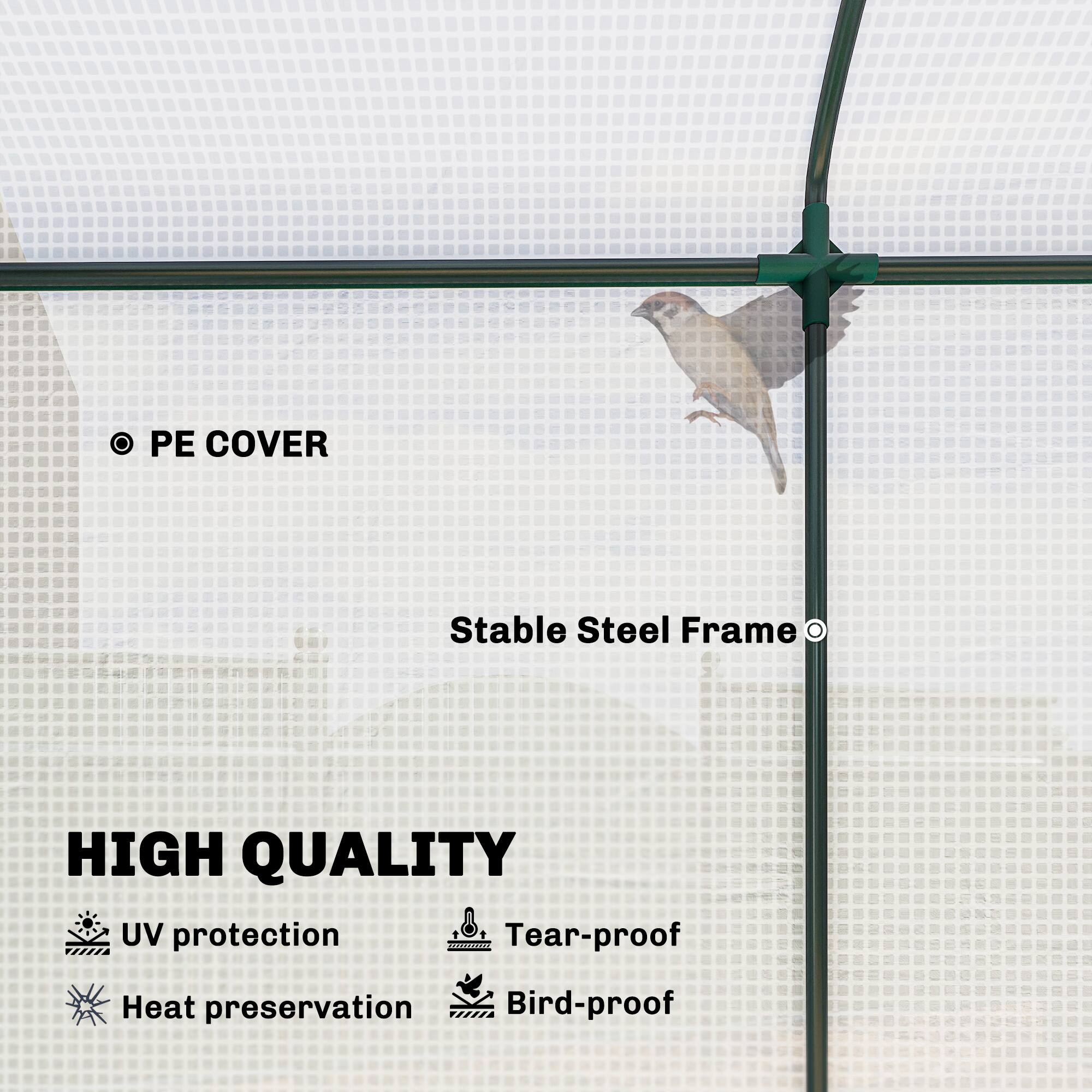 PE COVER  
Stable Steel Frame  

HIGH QUALITY  
- UV protection  
- Tear-proof  
- Heat preservation  
- Bird-proof