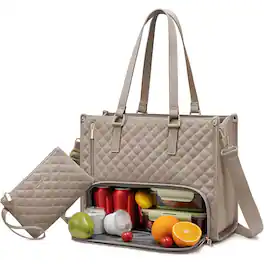 LOVEVOOK - Lunch Tote Bag for Women, 15.6 inch Laptop Bag with Insulated Lunch Compartment, Computer Handbag with Purse - Off-White