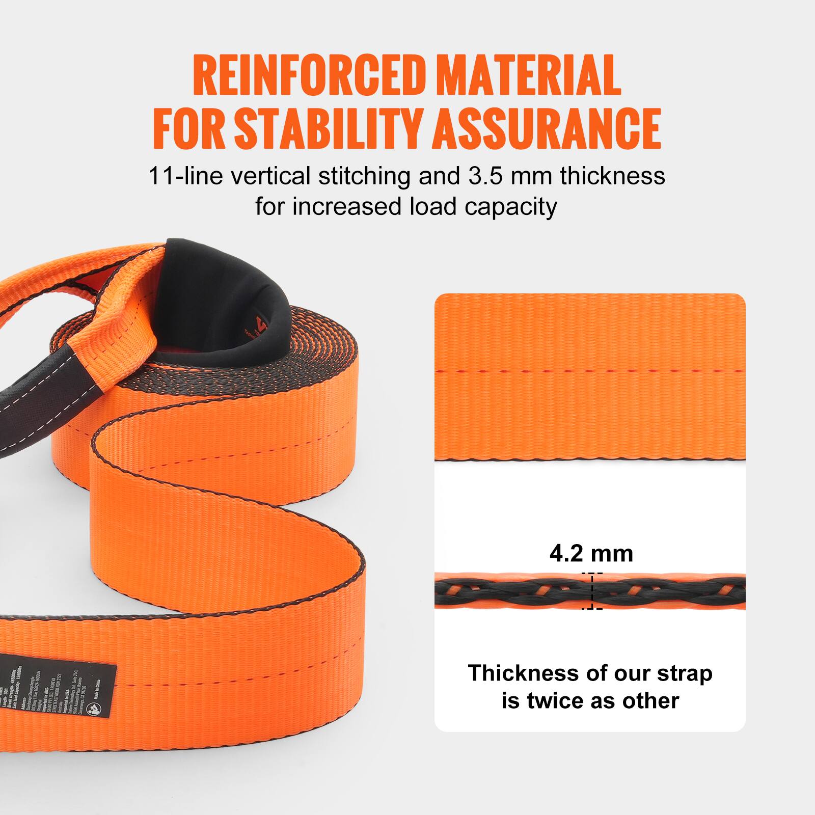 REINFORCED MATERIAL FOR STABILITY ASSURANCE

11-line vertical stitching and 3.5 mm thickness for increased load capacity

4.2 mm

Thickness of our strap is twice as other