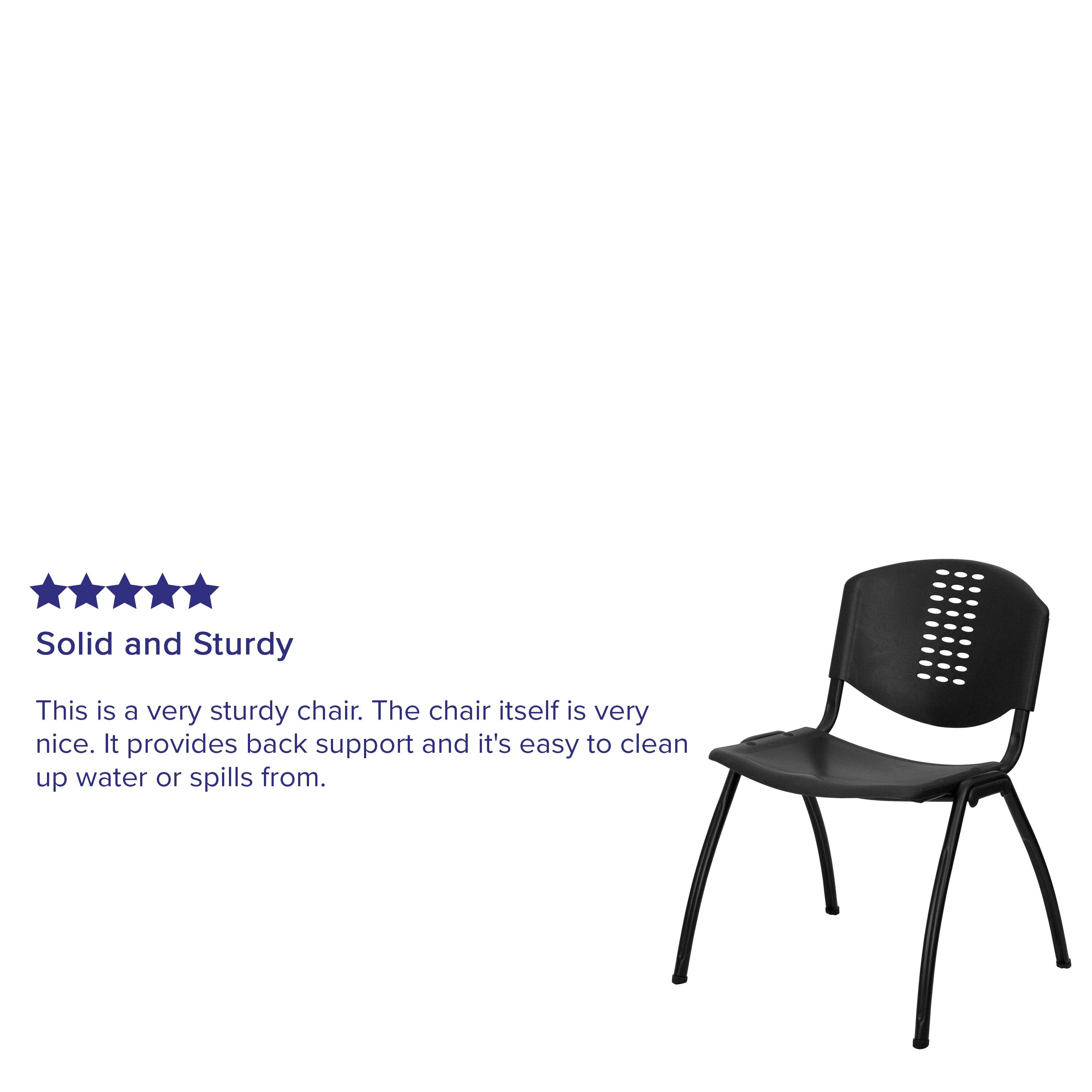 Solid and Sturdy

This is a very sturdy chair. The chair itself is very nice. It provides back support and it's easy to clean up water or spills from.