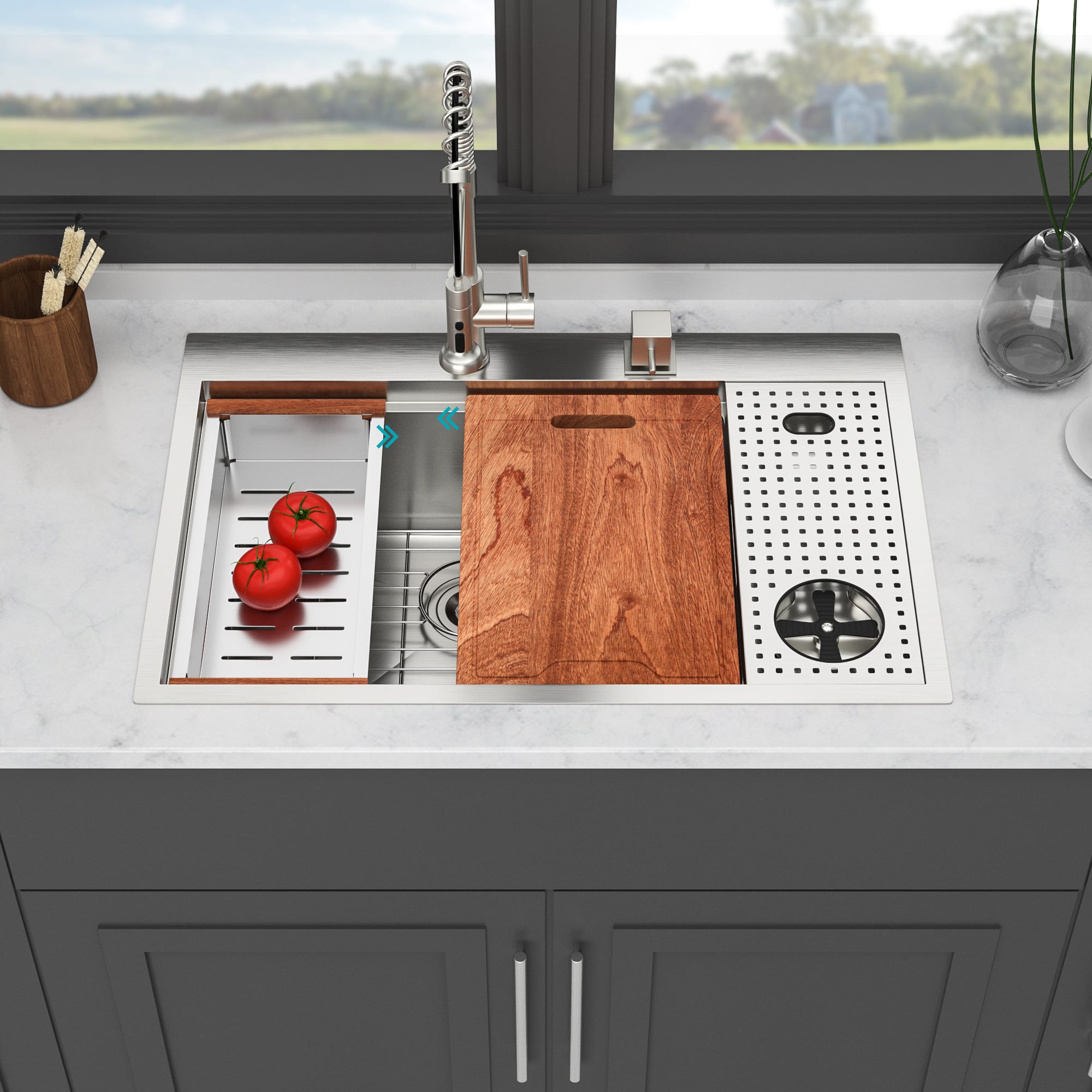 Siljoy - 33" Drop-in Kitchen Sink with Cup Washer - Single Bowl 16 Gauge Stainless Steel Workstation Kitchen Sinks - Brushed Nickel