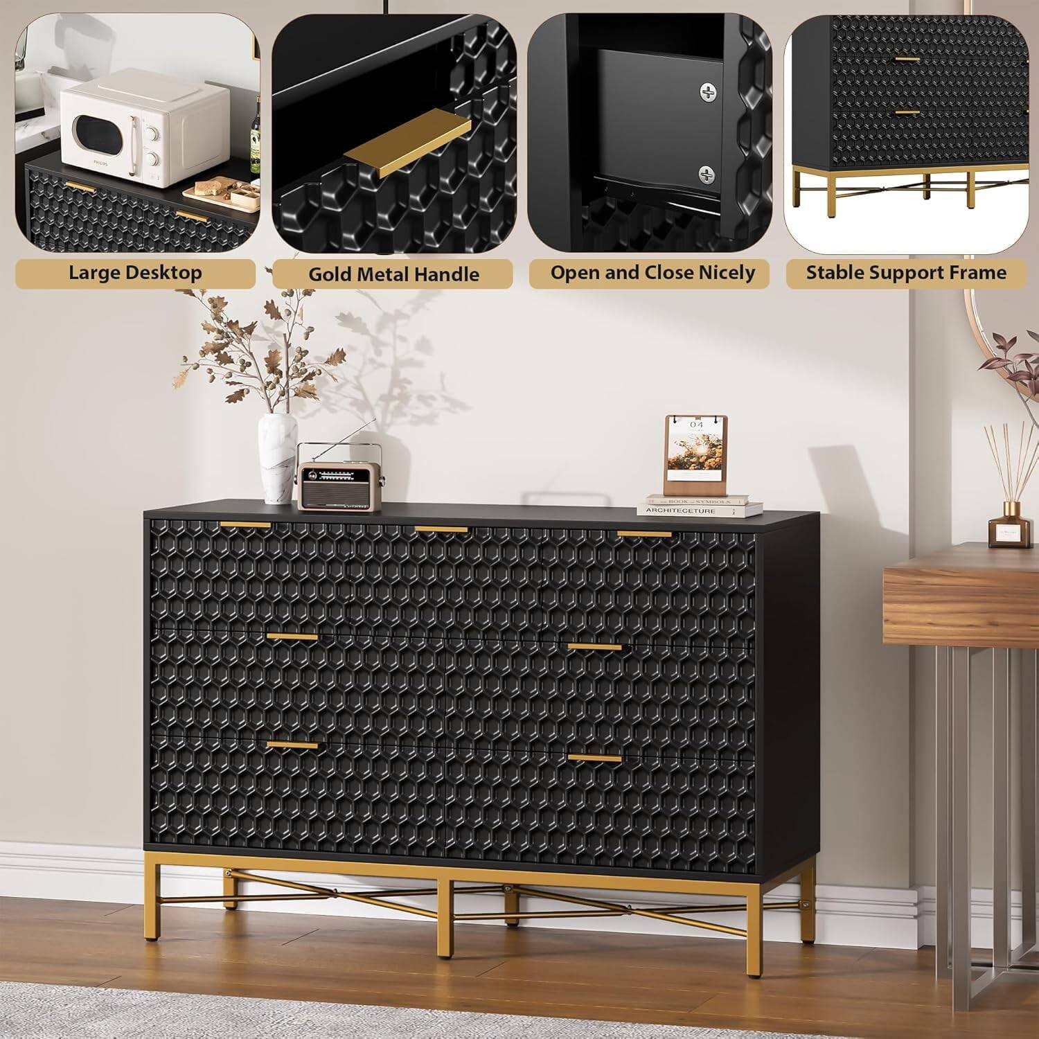 Large Desktop  
Gold Metal Handle  
Open and Close Nicely  
Stable Support Frame