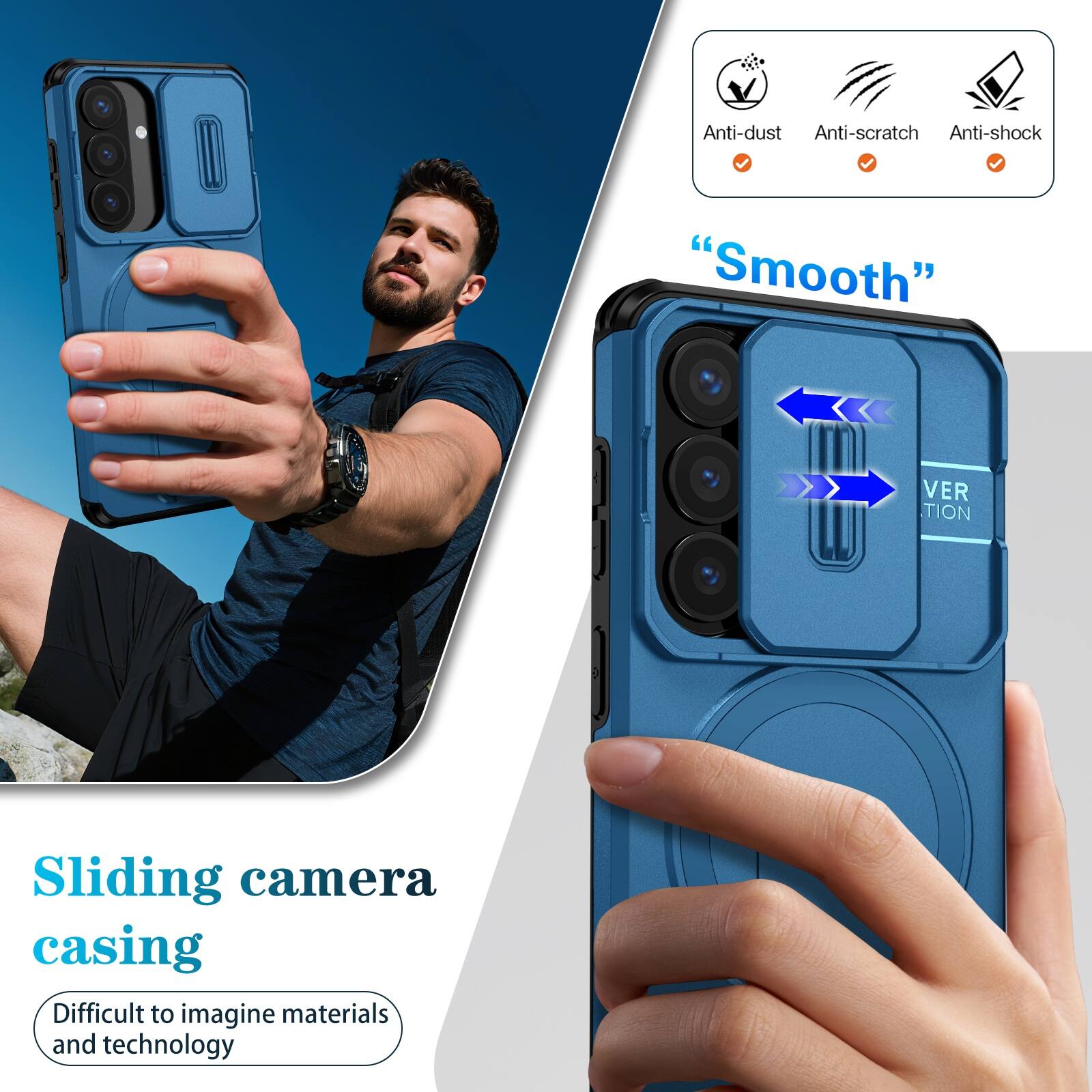 Anti-dust  
Anti-scratch  
Anti-shock  

"Smooth"  

Sliding camera casing  
Difficult to imagine materials and technology