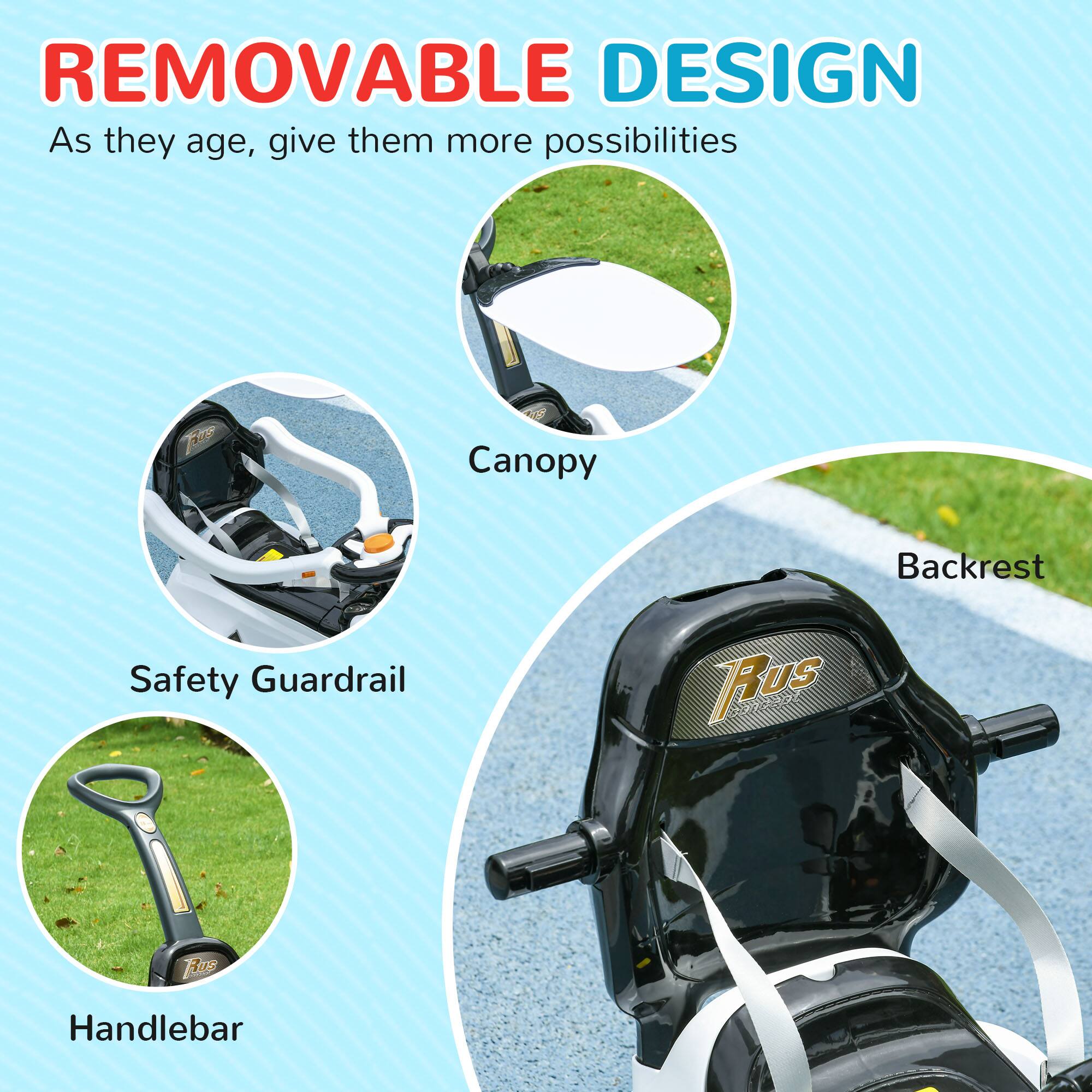 REMOVABLE DESIGN  
As they age, give them more possibilities

- Canopy
- Backrest
- Safety Guardrail
- Handlebar