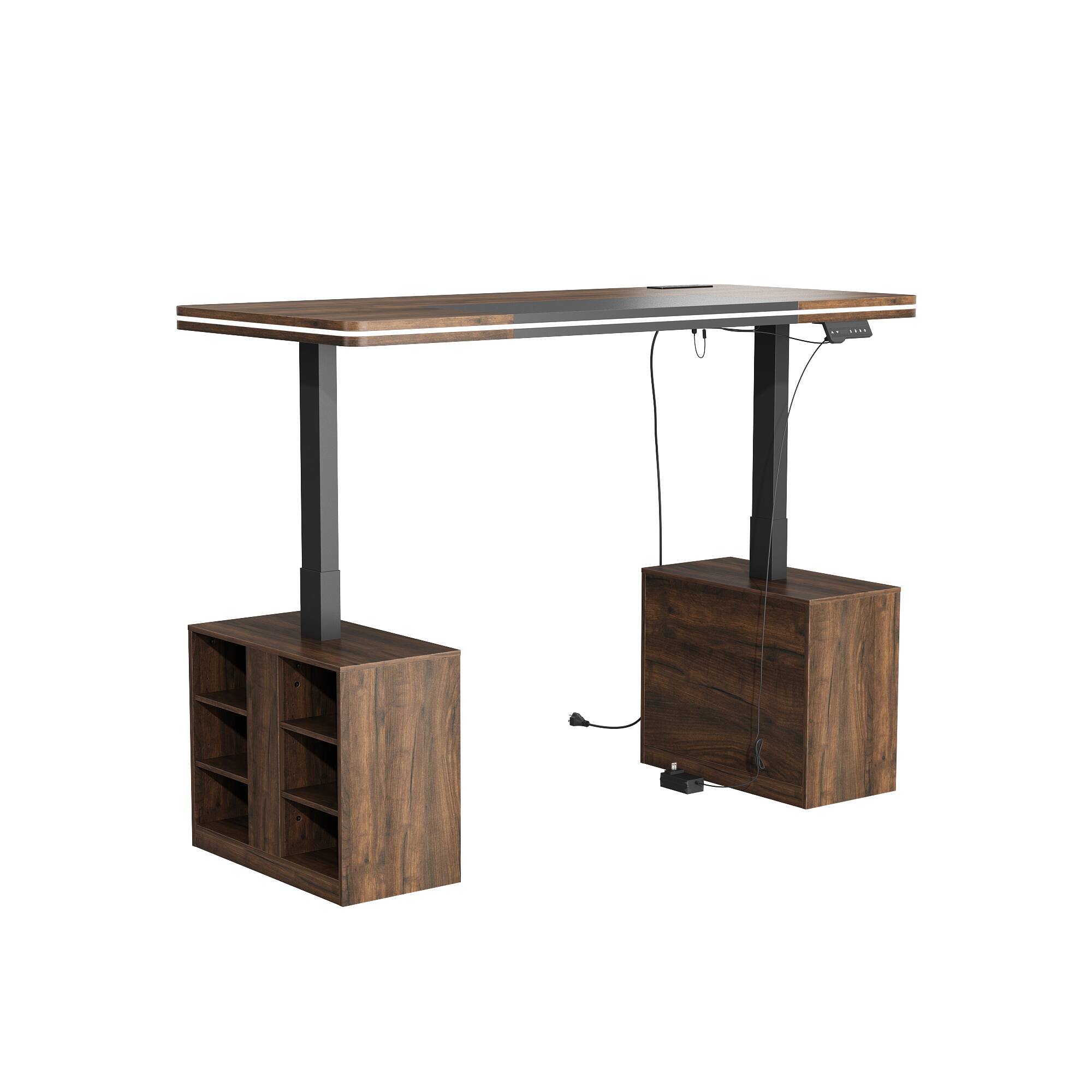 Alt View 6. Famapy - Electric Height Adjustable Desk with RGB Light & Dual Storage –Swappable Cabinets,2AC+3USB Outlet,Sit Stand Workstation - Walnut.