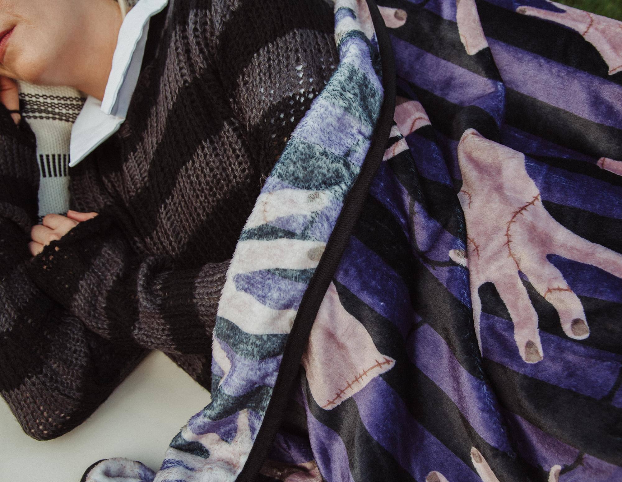 Alt View 3. Silver Buffalo - Addams Family Wednesday Thing Raschel Throw Blanket | 45 x 60 Inches - Purple.