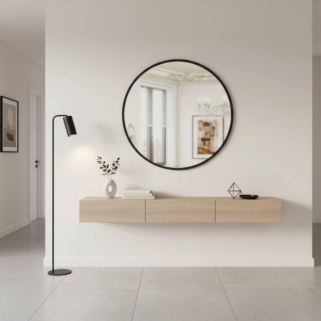 Left. AOITUN - 24" Round Circle Wall Mirror, Thin Frame HD Glass for Bathroom, Bedroom, Vanity, Black.