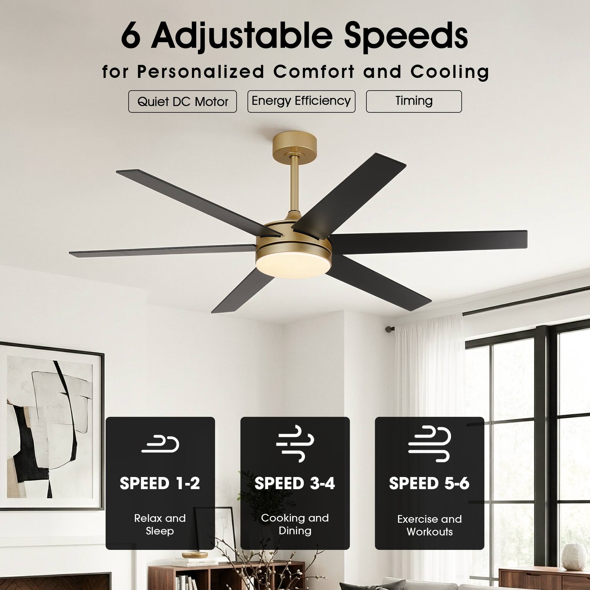 6 Adjustable Speeds for Personalized Comfort and Cooling

- Quiet DC Motor
- Energy Efficiency
- Timing

SPEED 1-2: Relax and Sleep

SPEED 3-4: Cooking and Dining

SPEED 5-6: Exercise and Workouts