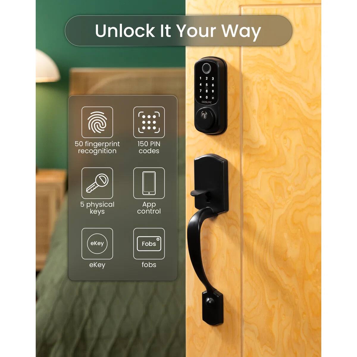 Unlock It Your Way

- 50 fingerprint recognition
- 150 PIN codes
- 5 physical keys
- App control
- ekey fobs
- ekey fobs