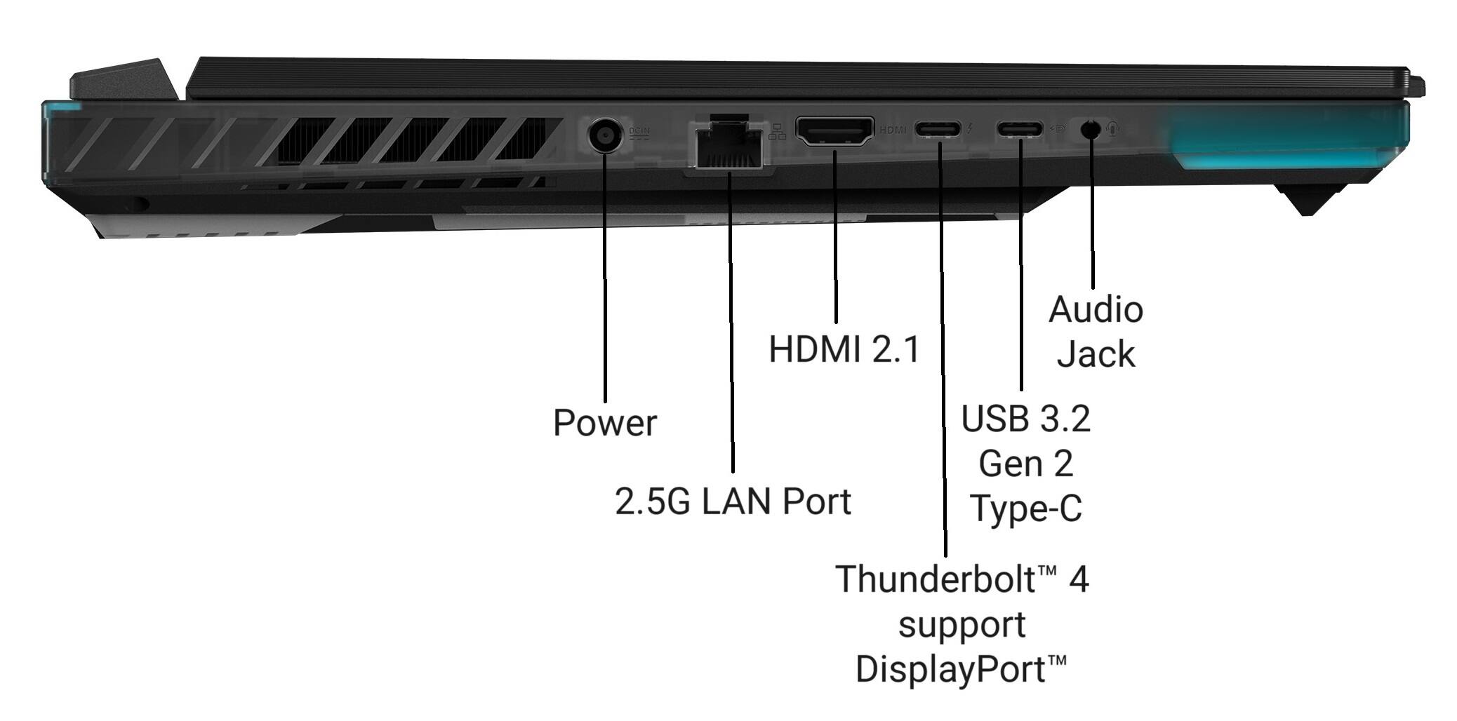 The image features a laptop computer with a diagram of its components. The laptop has a 2.5G LAN port, a USB 3.2 Gen 2 port, an HDMI 2.1 port, and an audio jack. Additionally, it has a Thunderbolt 4 port and supports DisplayPort. The laptop is designed to provide a powerful and versatile computing experience.