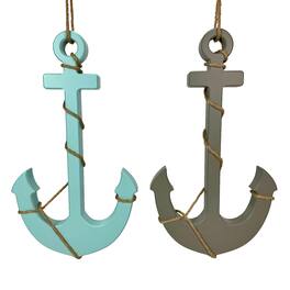Chesapeake Bay - Set of 2 Wood Nautical Wall Anchors 15in Rope Beach Coastal Decor Blue Gray - Multicolored
