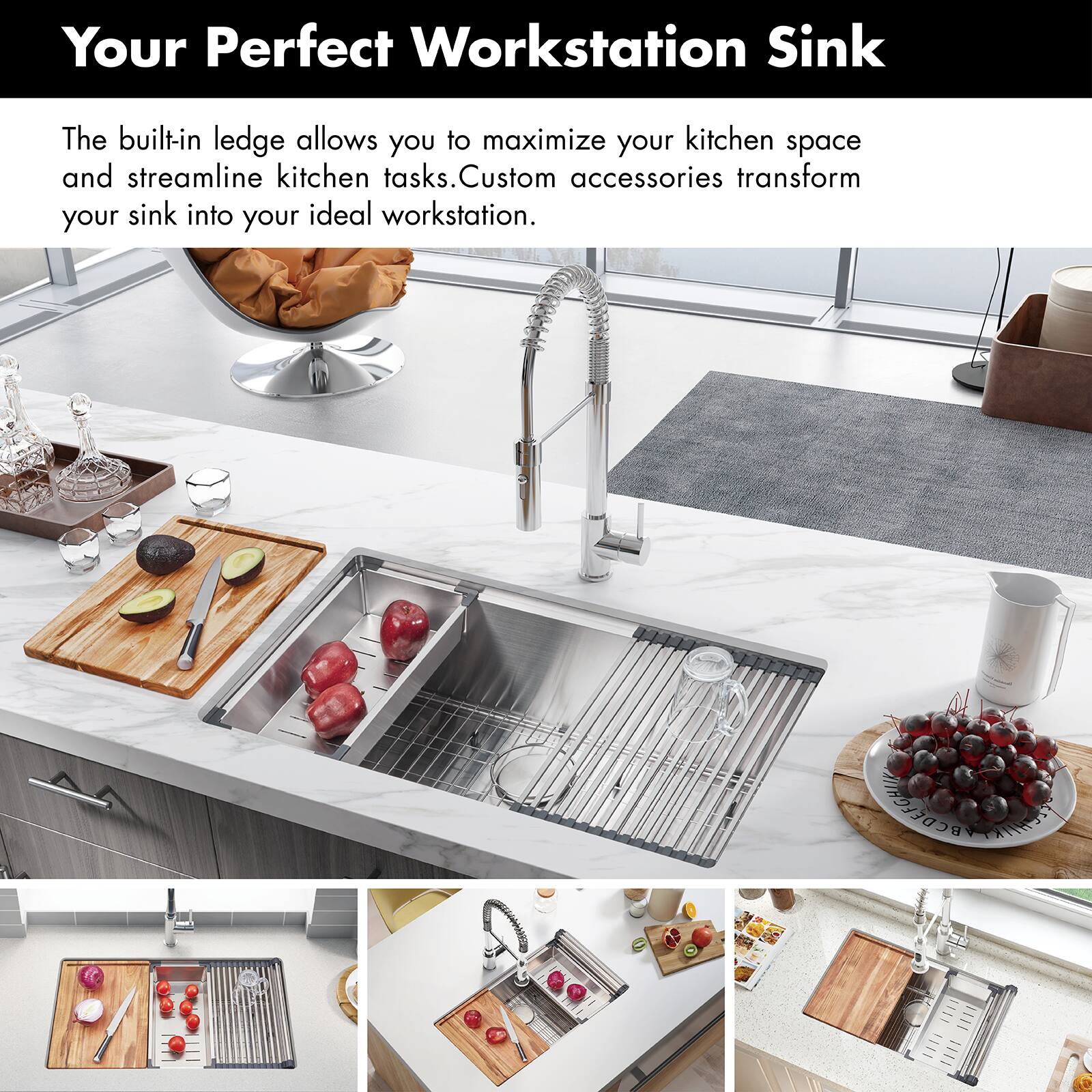 Your Perfect Workstation Sink

The built-in ledge allows you to maximize your kitchen space and streamline kitchen tasks. Custom accessories transform your sink into your ideal workstation.