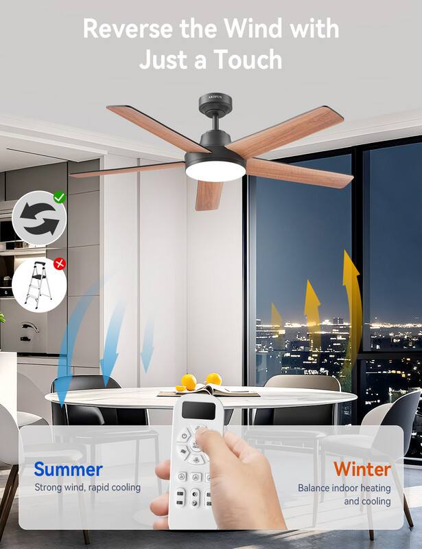 Reverse the Wind with Just a Touch

Summer
Strong wind, rapid cooling

Winter
Balance indoor heating and cooling