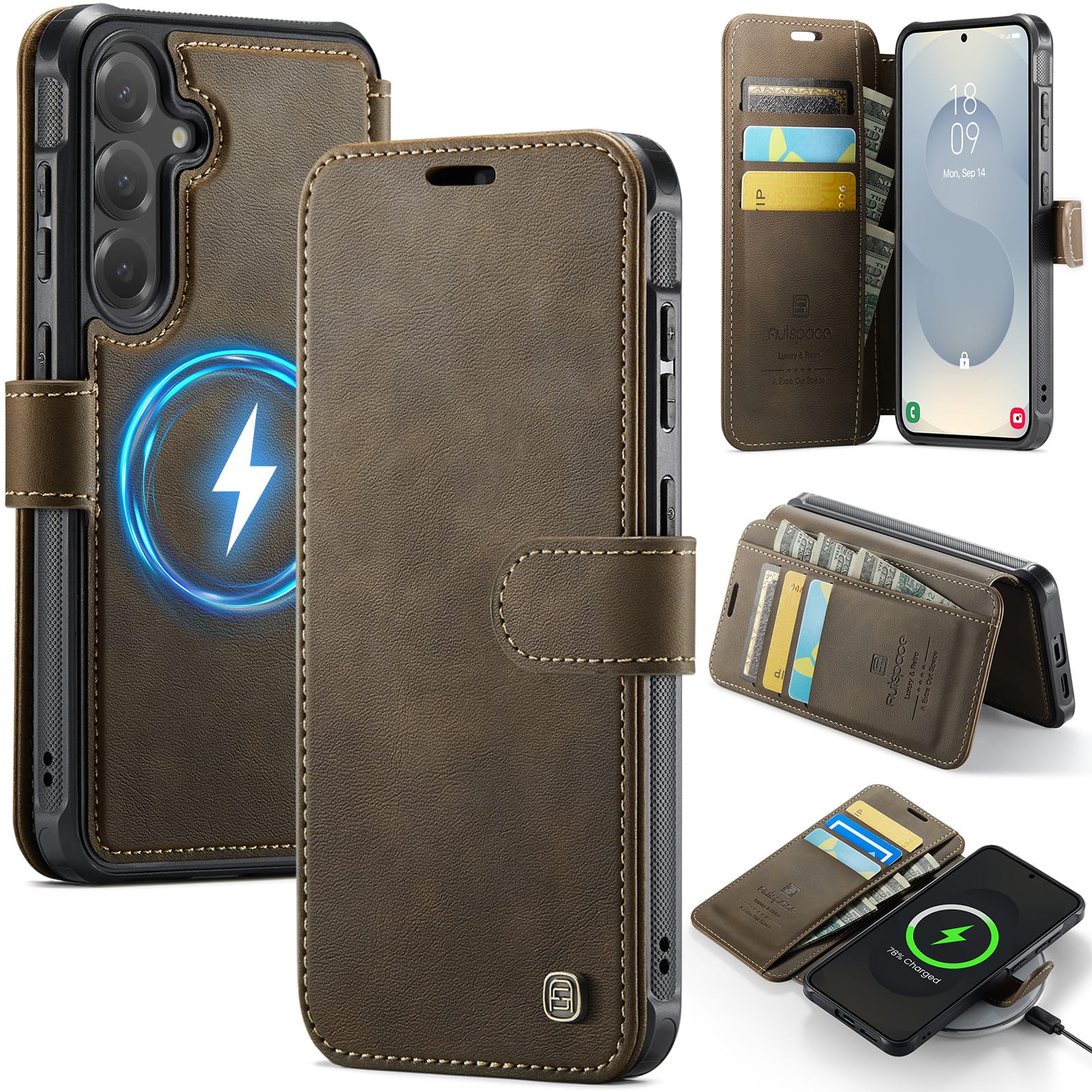 Dteck - Wallet Case for Samsung Galaxy S25, Compatible with MagSafe, PU Leather Flip RFID Blocking Card Holder Cover - Brown