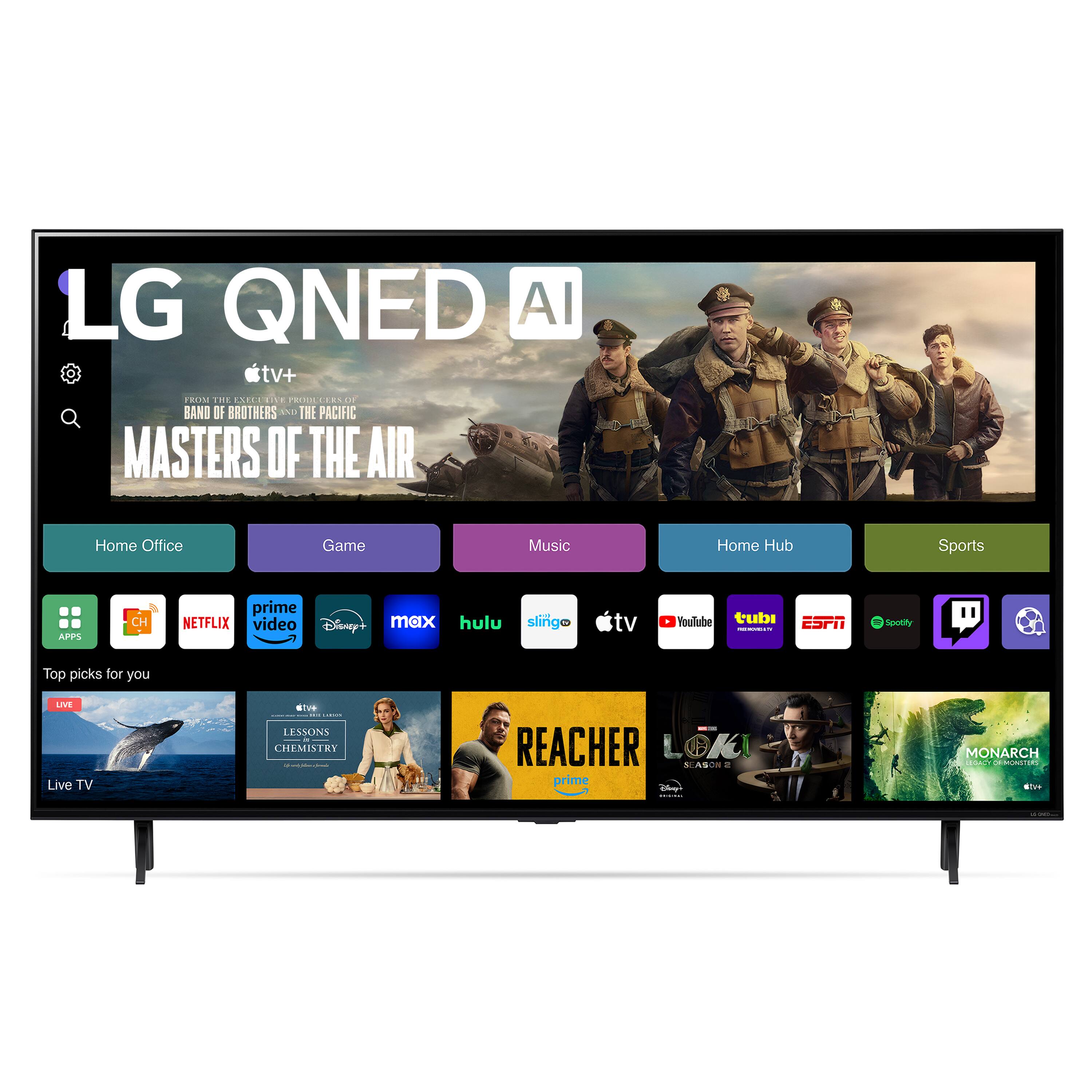 LG QNED AI TV+: Top picks for you.

* Home Office: Game, Music, Home Hub, Sports, Apps.
* Entertainment: Netflix, Disney+, Hulu, Sling TV, YouTube, Tubi.
* Sports: ESPN, Sports.
* Education: Lessons.
* Movies & TV Shows: Masters of the Air, Brothers in Arms, The Pacific, Monarch.
* Live TV: Live TV.