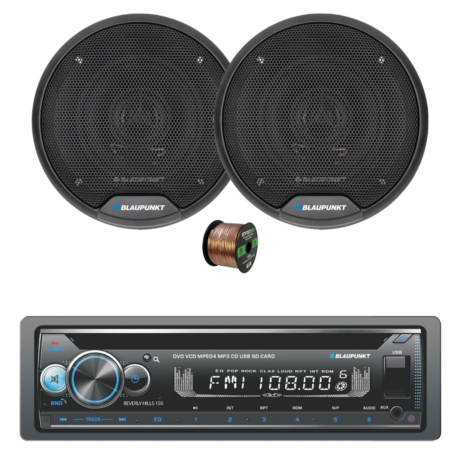 Blaupunkt - Beverly Hills 150 Single DIN Bluetooth DVD/CD Stereo Receiver, 2x 5" 40 Watt Max 2-Way Car Speakers w/ Wire