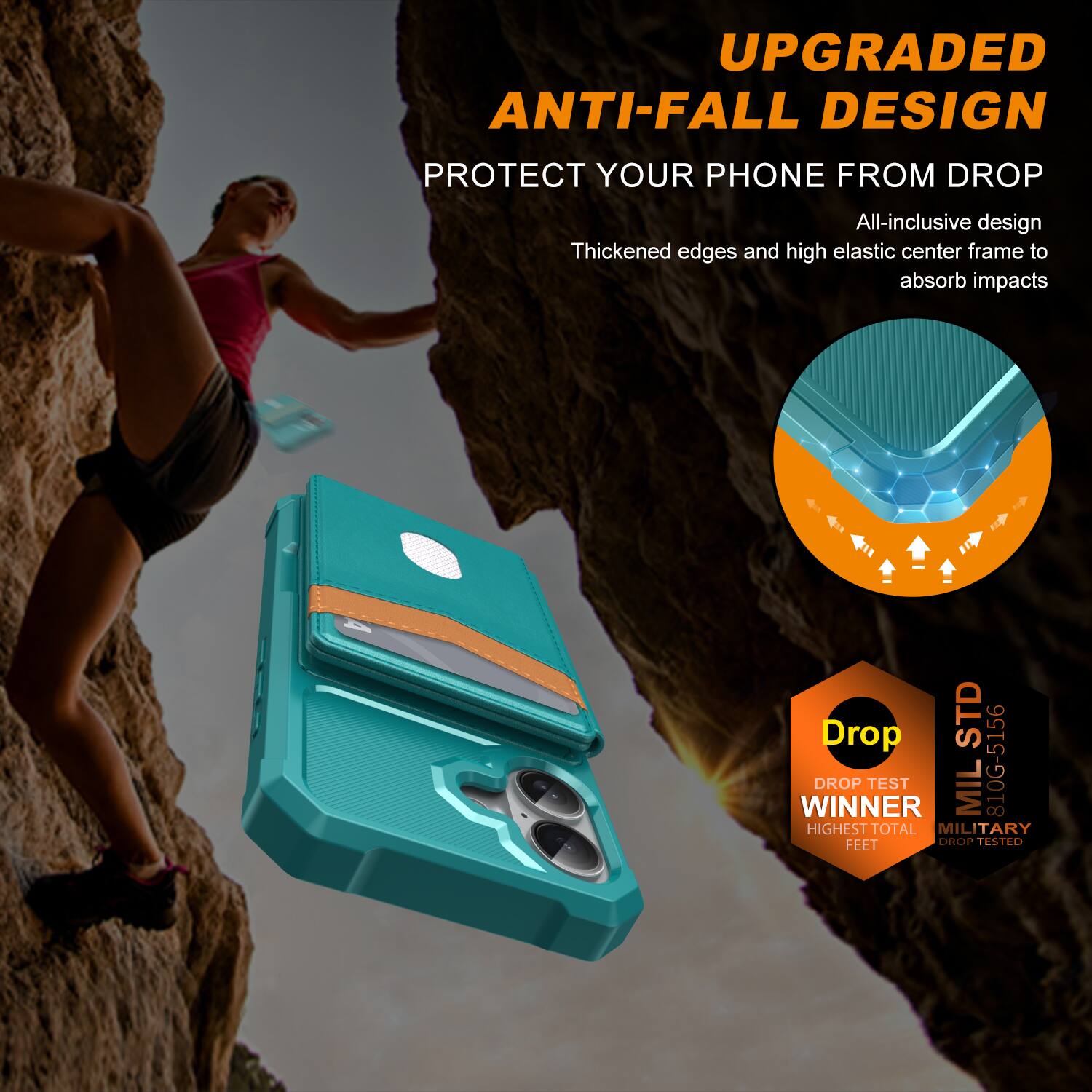 UPGRADED ANTI-FALL DESIGN  
PROTECT YOUR PHONE FROM DROP  

All-inclusive design  
Thickened edges and high elastic center frame to absorb impacts  

Drop TEST WINNER  
MIL 810G-5166  
HIGHEST TOTAL MILITARY FEET DROP TESTED