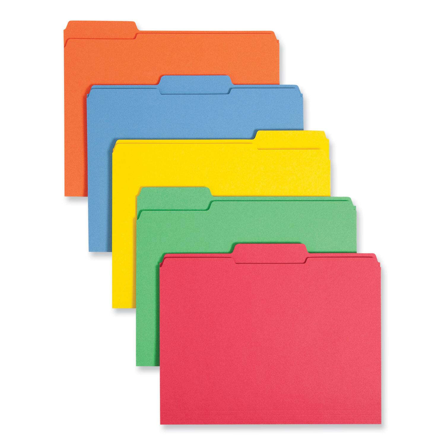 Front. Smead Manufacturing - Reinforced Top Tab Colored File Folders, 1/3-Cut Tabs: Assorted, Letter Size, 0.75" Expansion, Assorted Colors, 100/Box.