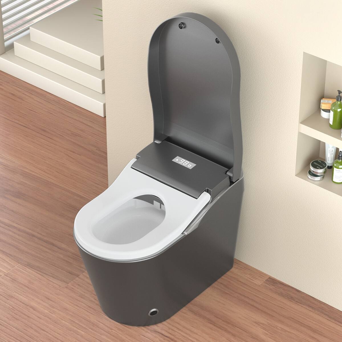 Left. Loheer - Loheer Tankless Smart Toilet With Bidet, Automatic Flush, Heated Seat and Matte Gray Finish - Gray.