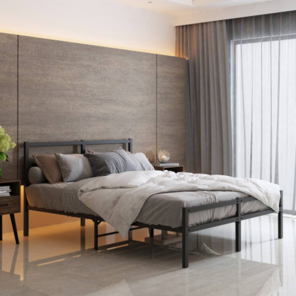Front. LUCKY ONE - Full Size Metal Platform Bed frame with Headboard, Sturdy Metal Frame - Black.