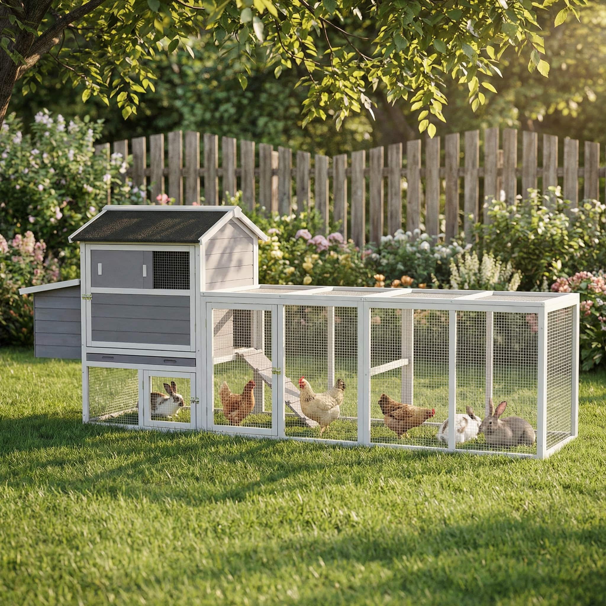 Mondawe - 115" Fir Wood Chicken Coop Outdoor Hen House Poultry Cage w/ Run & Nesting Box, Sliding Door & Lock - Gray