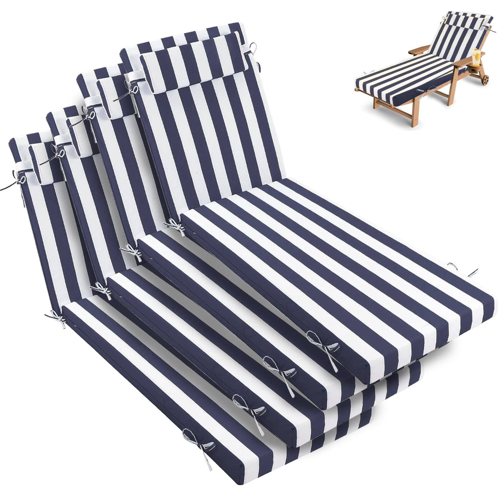 Chateau Abodes - 4PCS Outdoor Chaise Lounge Cushion, Waterproof Patio Chaise Lounge Cushion with Ties, 72" L X 21" W X 3" D - Navy Blue and White Stripes