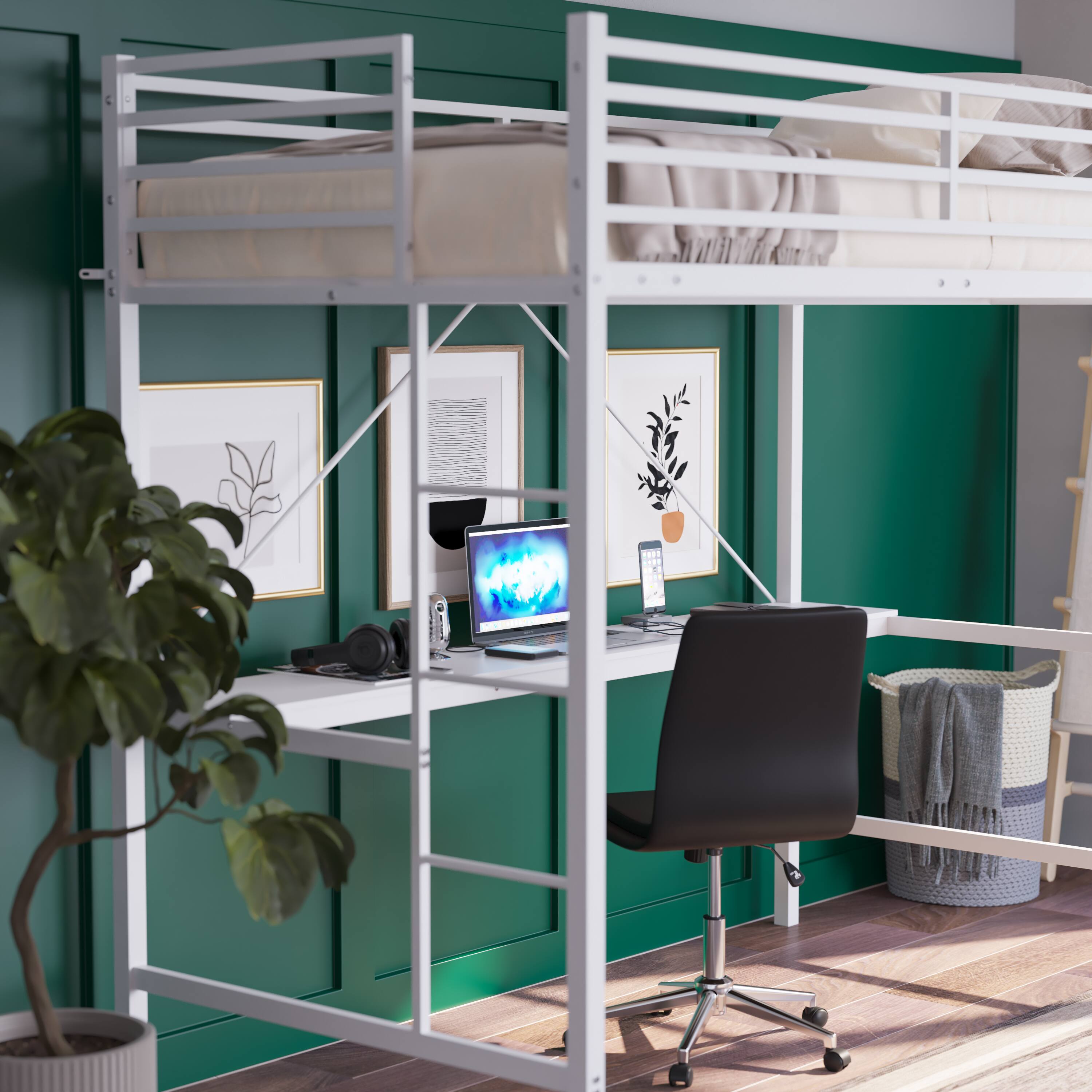 Alt View 4. Emma + Oliver - Jensen Metal Loft Bed Frame with Desk, Protective Guard Rails and Ladder for Kids, Teens and Adults - White.