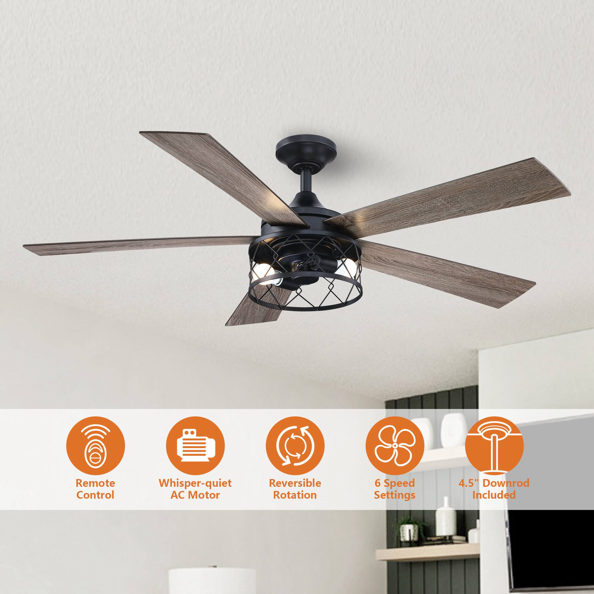 - Remote Control
- Whisper-quiet AC Motor
- Reversible Rotation
- 6 Speed Settings
- 4.5" Downrod Included