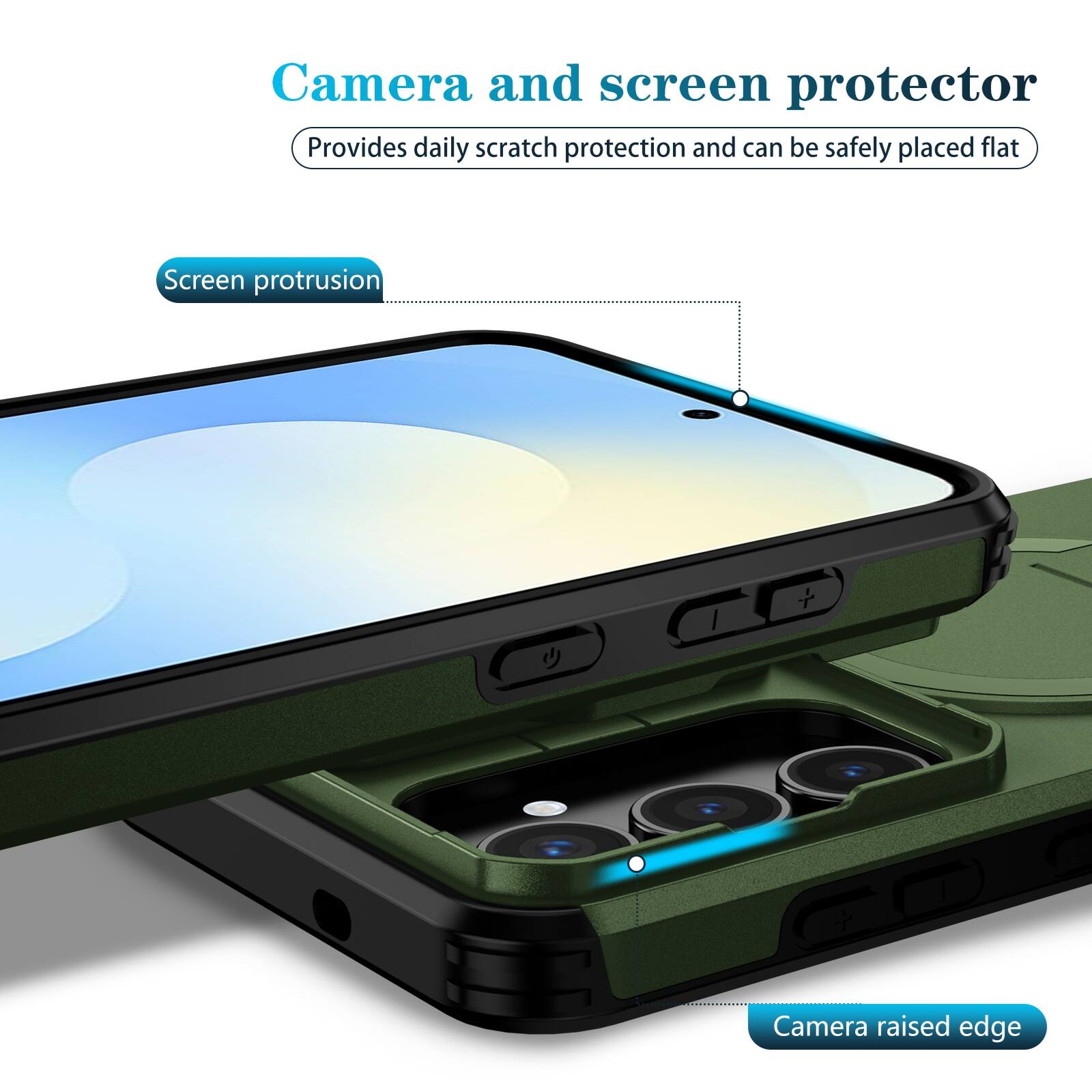 Camera and screen protector  
Provides daily scratch protection and can be safely placed flat  

Screen protrusion  

Camera raised edge