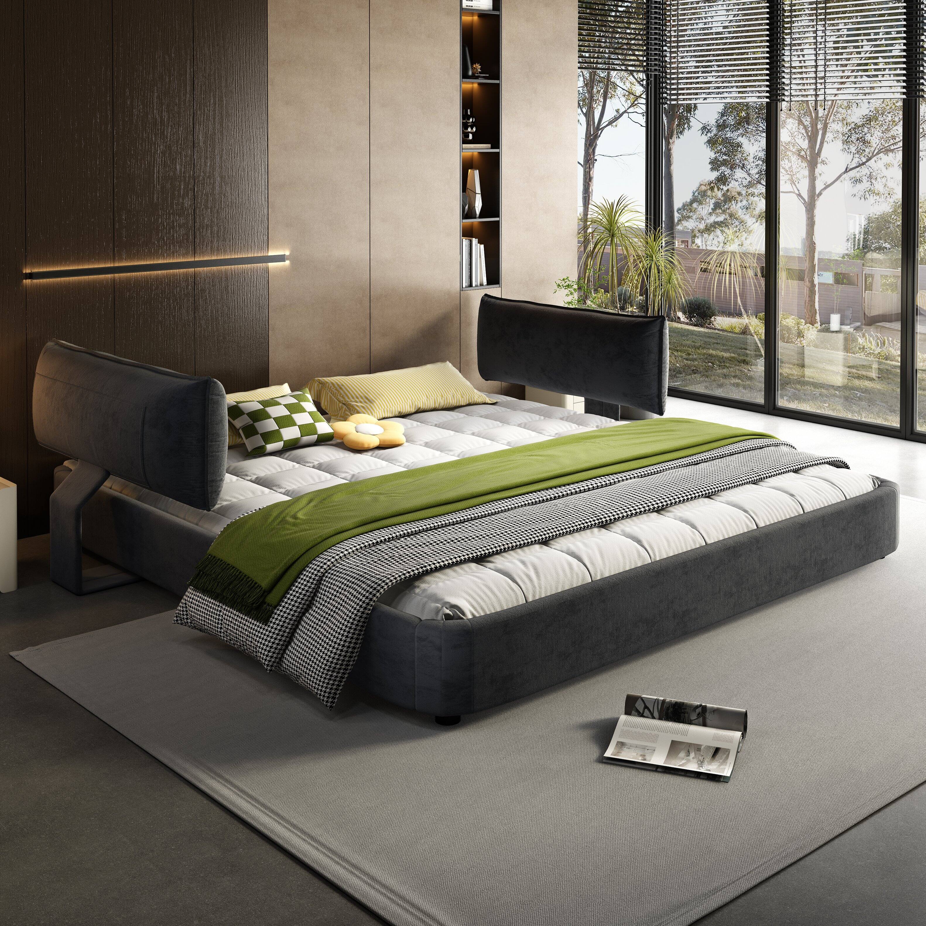 Back. LOVMOR - King Size Cloud Bed Frame with Oversized Padded Movable Headboard Chenille Upholstered Bed with Round CornerMetal Solid - Black.