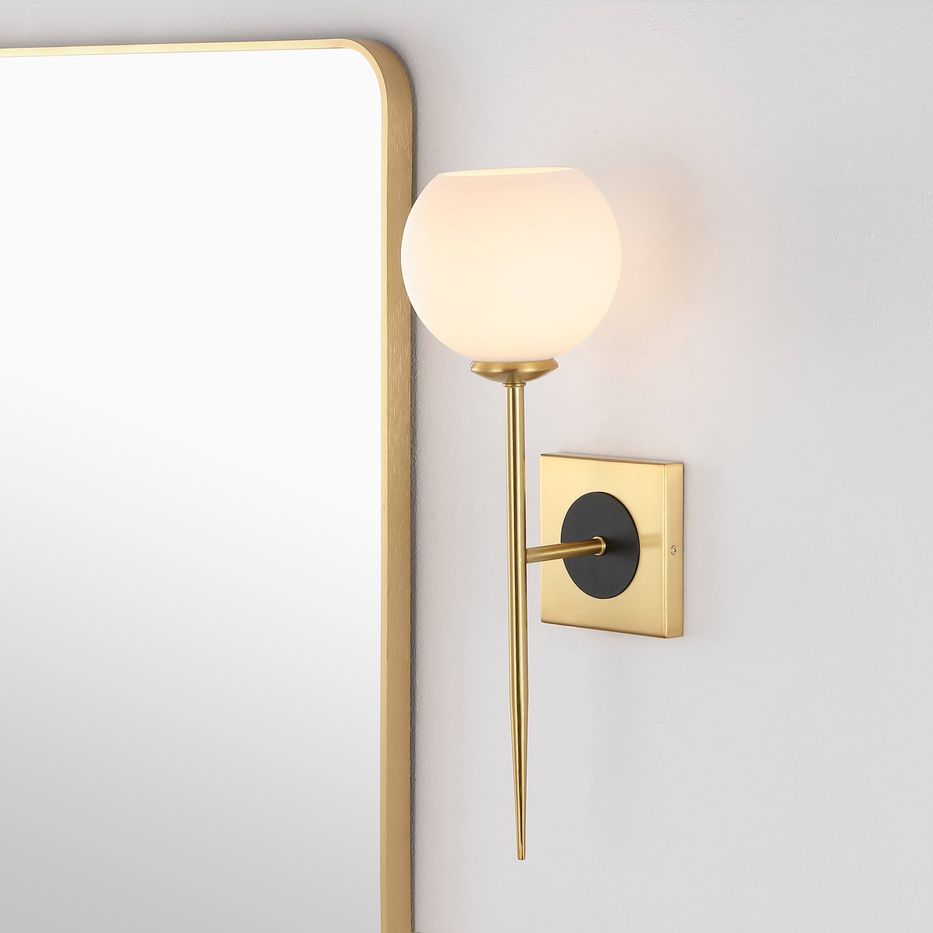 Alt View 1. Jonathan Y - Sylvie 6" 1-Light Coastal French Country Iron LED Sconce, Brass Gold/White - Brass Gold.