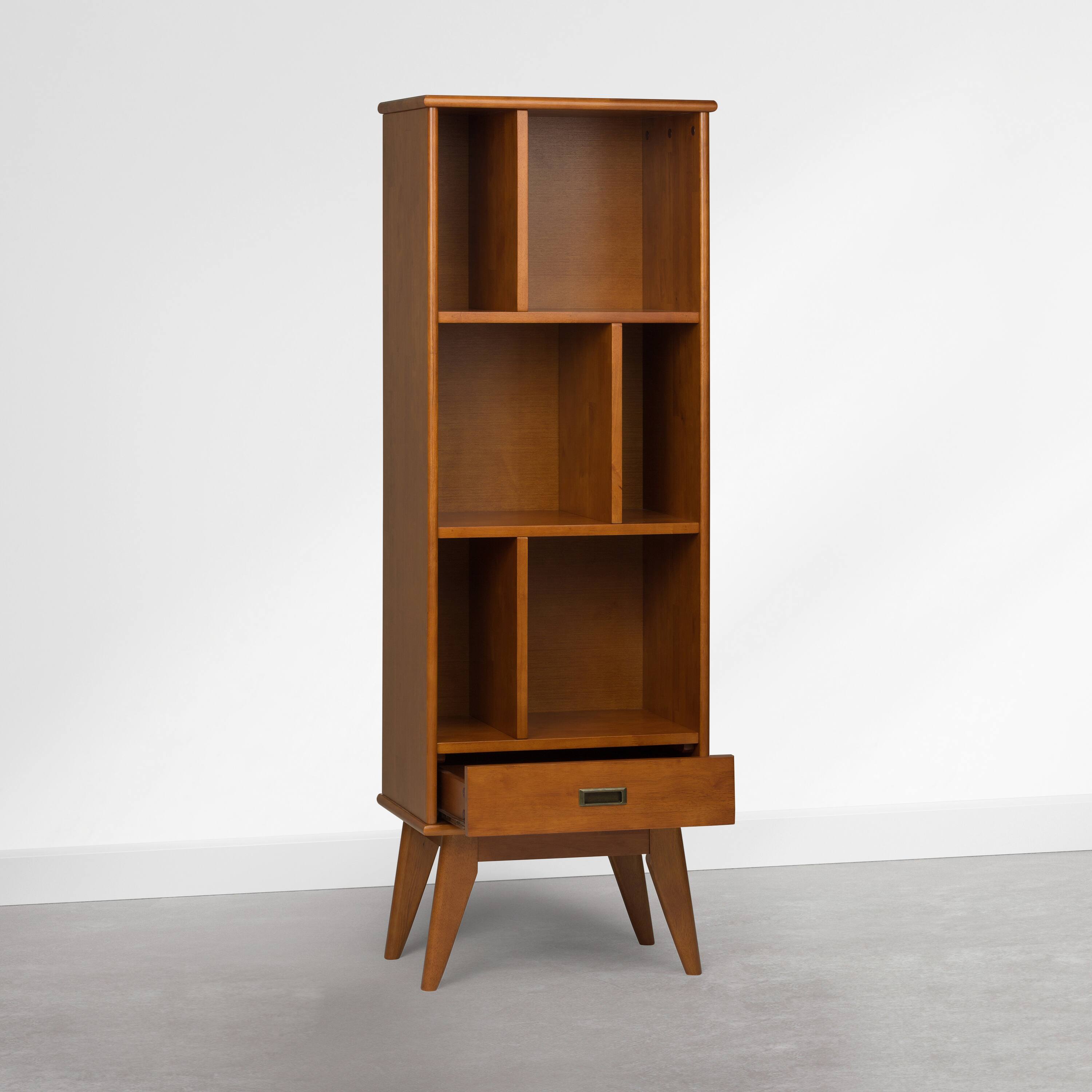 Left. Simpli Home - Draper 64 inch Tall Solid Wood Bookcase and Storage Unit, Tawny Brown Teak - Tawny Brown Teak.