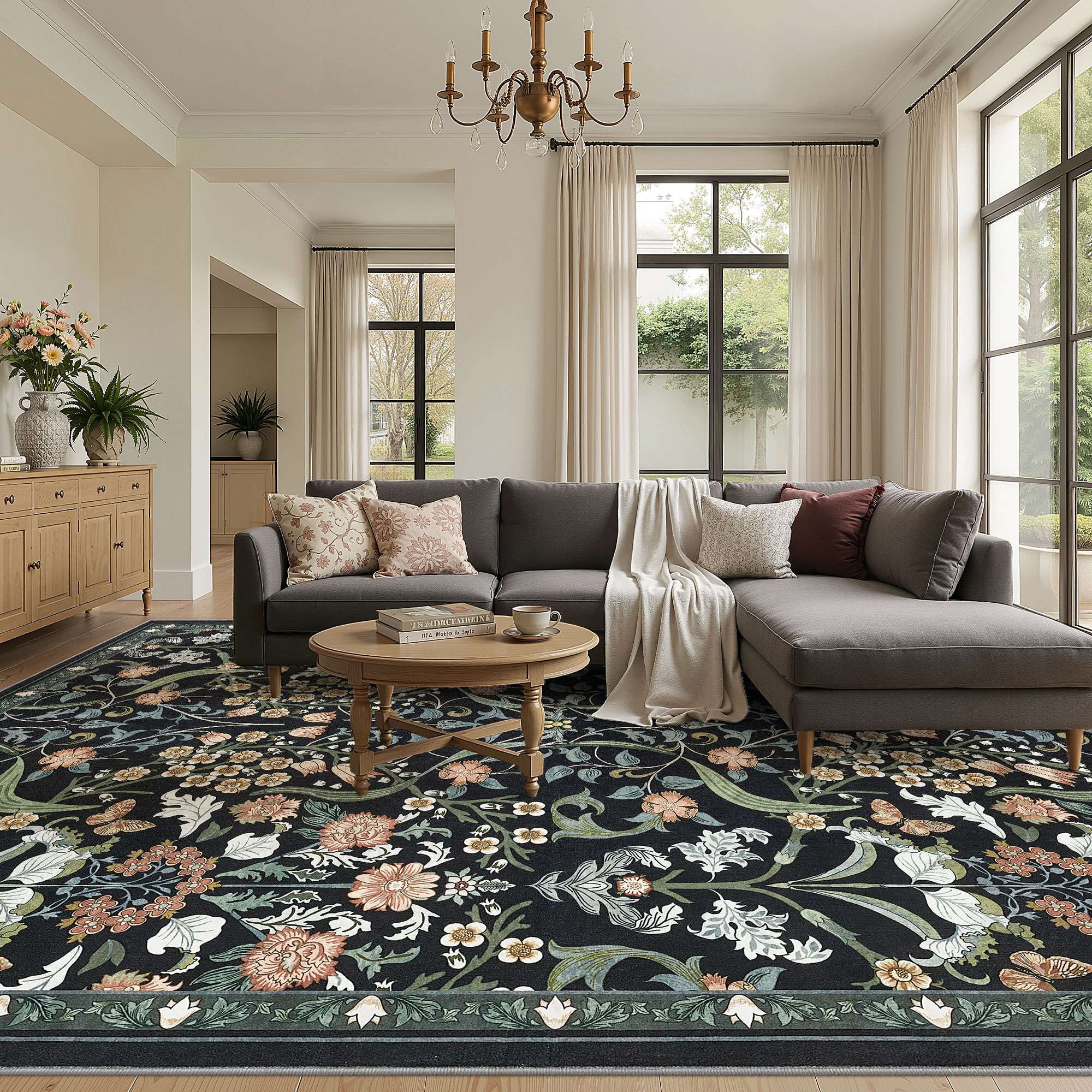 Left. Yardgrace - 8'x10' ft Floral Bohemian Area Rug, Vintage Washable Printed Boho Carpet for Living Room Bedroom - Black.