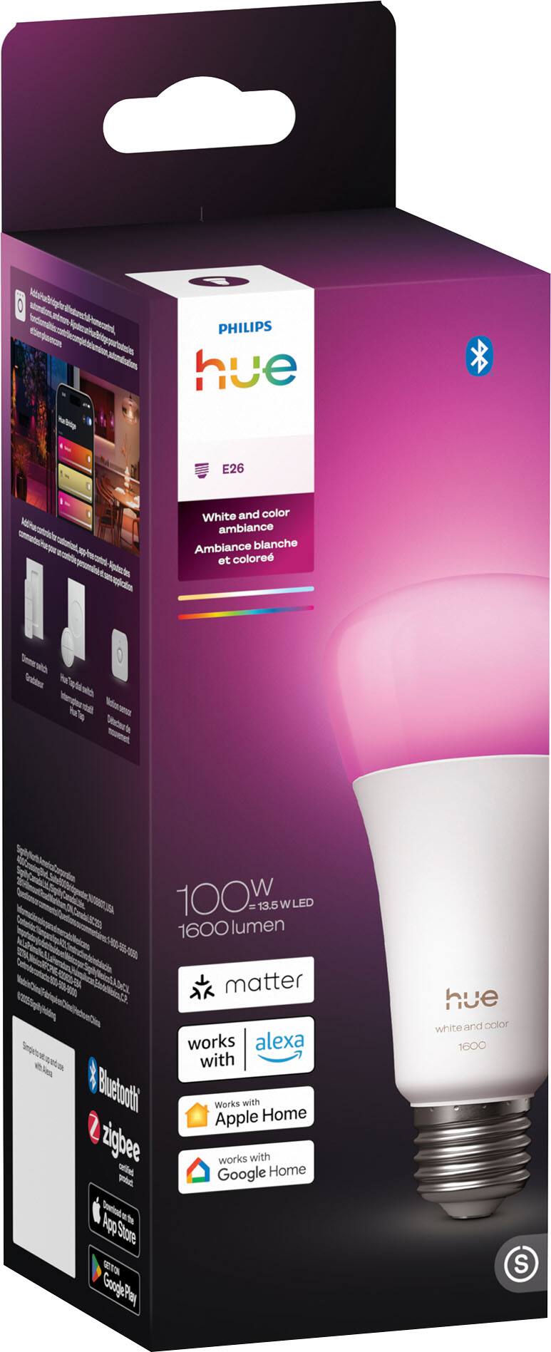 Sure, here is the corrected and grouped text from the image:

---

**PHILIPS hue**

**E26**

**White and color ambiance**

**Ambiance blanche et colorée**

**100W = 13.5W LED**

**1600 lumen**

**matter**

**works with alexa**

**Bluetooth**

**zigbee**

**Works with Apple Home**

**works with Google Home**

**App Store**

**Google Play**

**white and color**

**1600**

---

This text is organized to reflect the information on the packaging, including the product name, features, compatibility, and app store availability.
