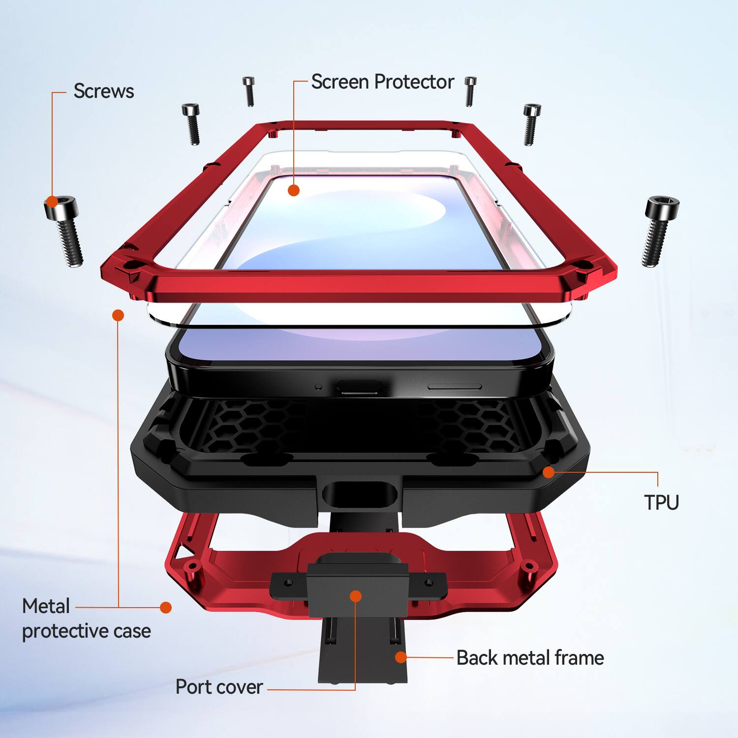 Screws  
Screen Protector  
TPU  
Metal protective case  
Port cover  
Back metal frame