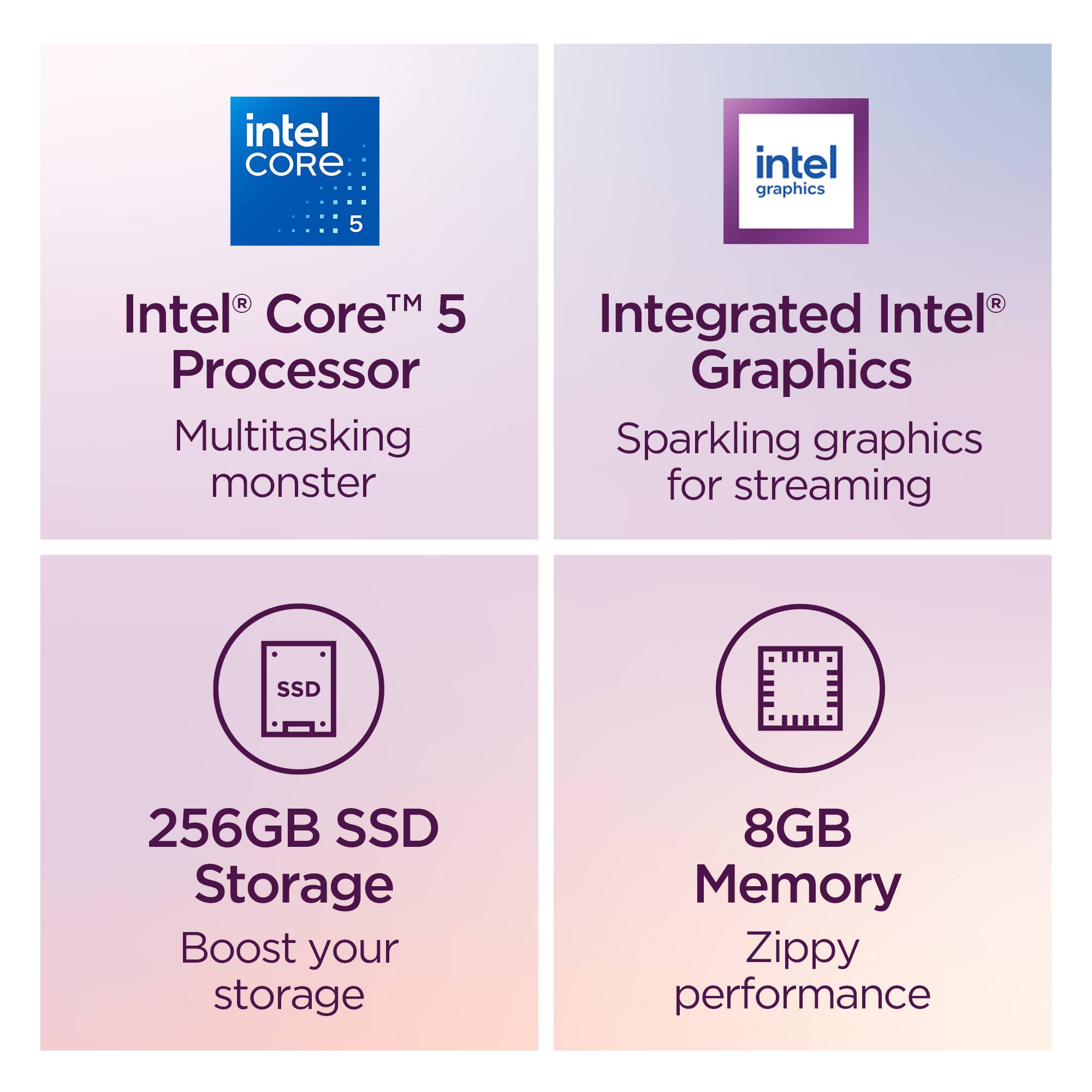 - Intel Core 5 Processor
  - Multitasking monster

- Intel Graphics
  - Integrated Intel Graphics
  - Sparkling graphics for streaming

- SSD
  - 256GB SSD Storage
  - Boost your storage

- 8GB Memory
  - Zippy performance