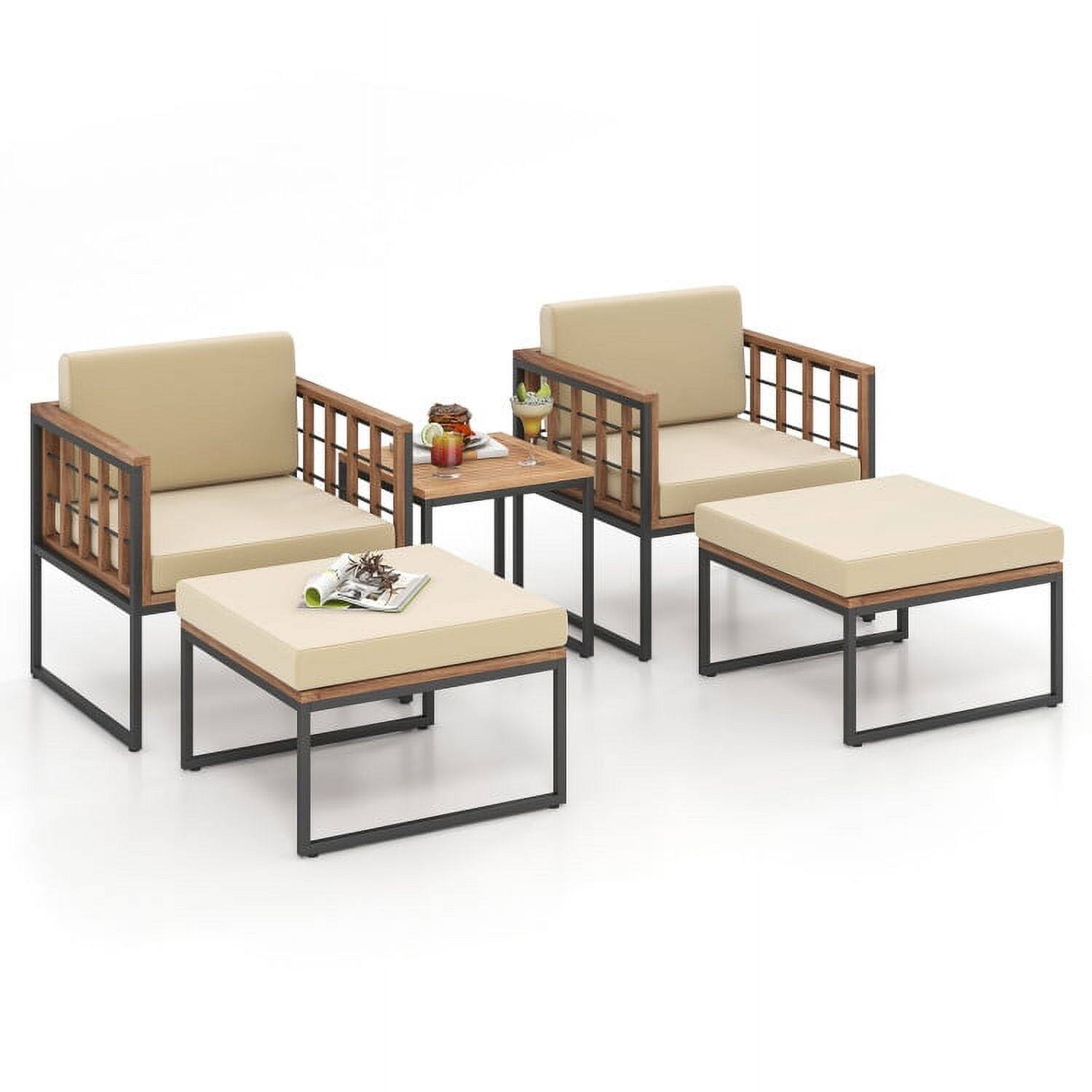 Left. Kadyn - 5 Piece Outdoor Furniture Set Acacia Wood Chair Set Small Patio Conversation Furniture Set with Ottomans and Coffee - Beige.