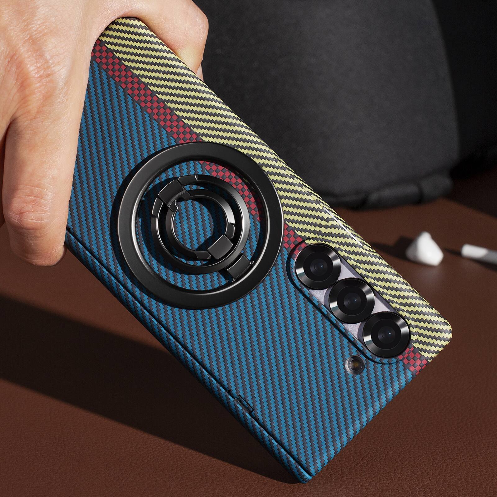 Back. Dteck - Strong Magnetic Case for Samsung Galaxy Z Fold 7 with Removable Ring Stand, Full Hinge Protection with Screen Cover - Blue.