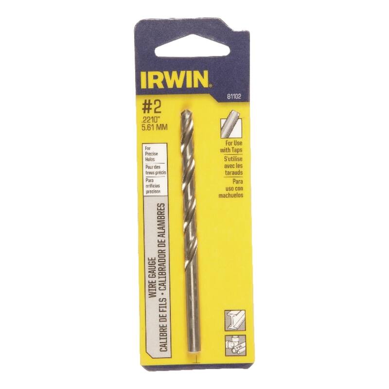 IRWIN  
81102  
#2  
22/10"  
5.61 MM  

For Precise Holes  
Pour des trous précis  
Para orificios precisos  

For Use with Taps  
S'utilise avec les tarauds  
Para uso con machuelos  

WIRE GAUGE  
CALIBRE DE FILS - CALIBRADOR DE ALAMBRES