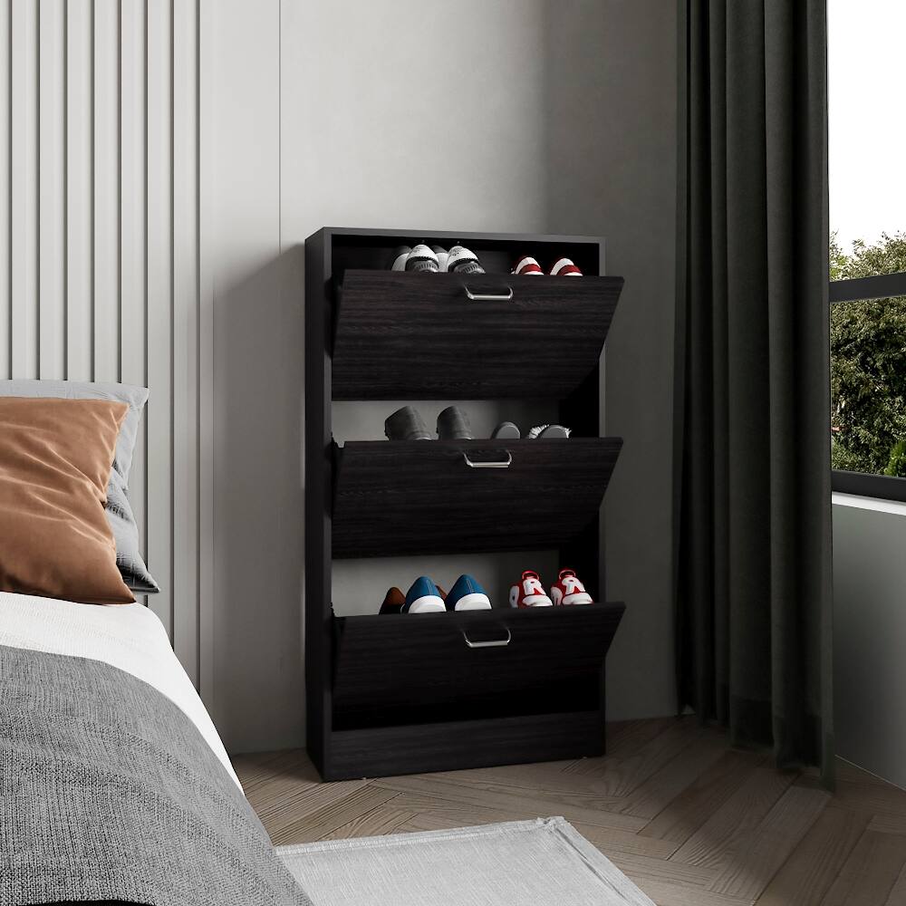 Alt View 1. Loheer - Loheer Modern Entryway Shoe Cabinet, Triple-Tiered Pull Down System, Black Particle Board, 45.4 Inch Height - Black.