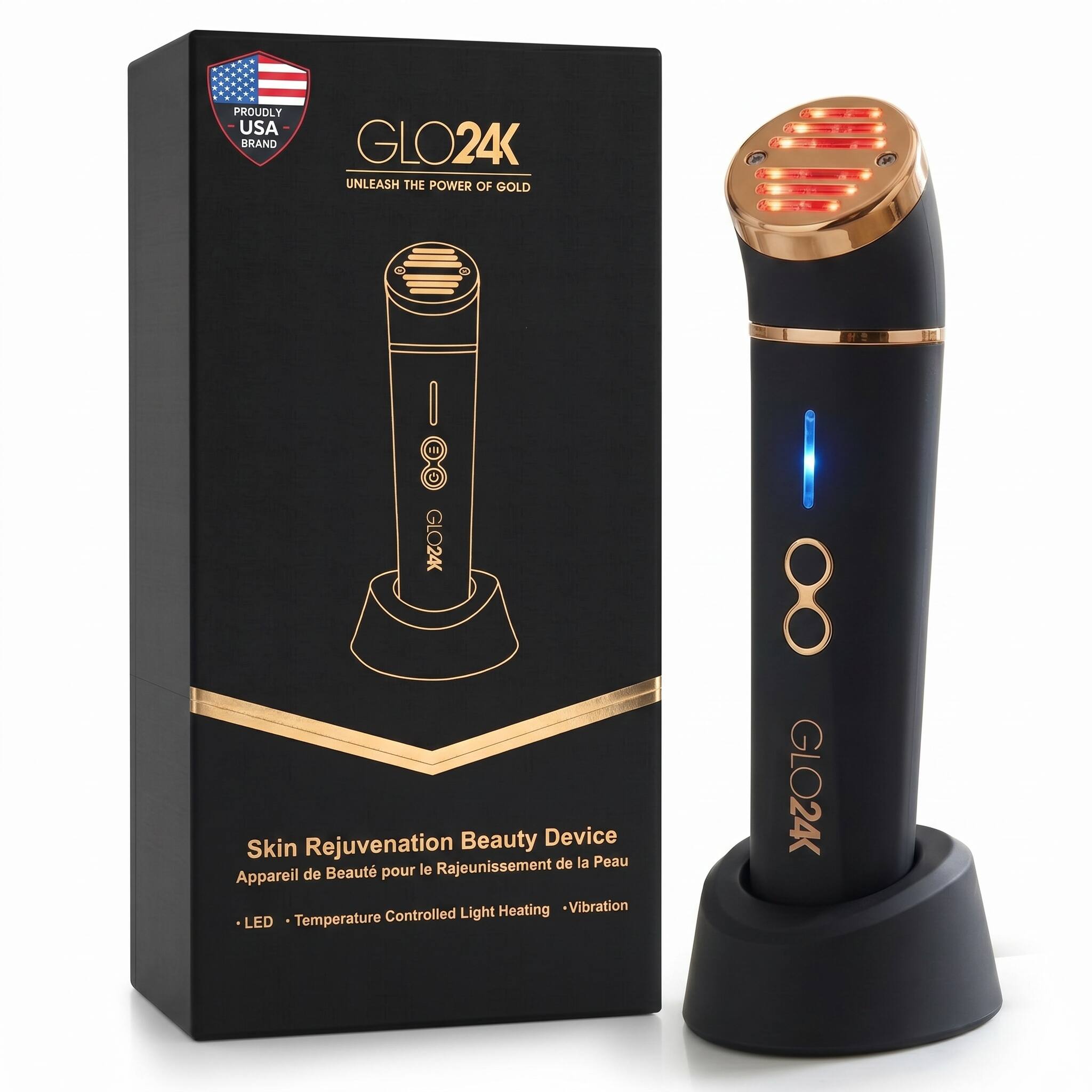PROUDLY USA BRAND  
GLO24K  
UNLEASH THE POWER OF GOLD  

GLO24K Rejuvenation Beauty Device  
Skin Rejuvenation Beauty Device  
Appareil de Beauté pour le Rajeunissement de la Peau  

- LED  
- Temperature Controlled Light Heating  
- Vibration
