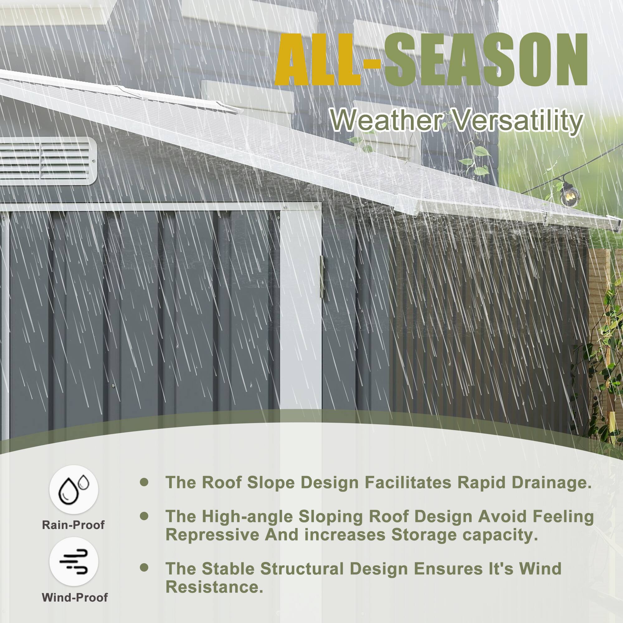 ALL-SEASON  
Weather Versatility

- The Roof Slope Design Facilitates Rapid Drainage.
- The High-angle Sloping Roof Design Avoids Feeling Repressive and Increases Storage Capacity.
- The Stable Structural Design Ensures It's Wind Resistance.

Rain-Proof  
Wind-Proof