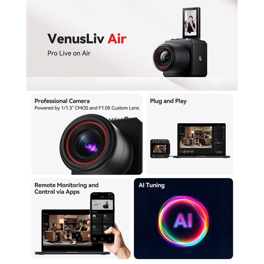 VenusLiv Air Pro Live on Air Professional Camera Powered by 1/1.3" CMOS and F1.05 Custom Lens Plug and Play Remote Monitoring and Control via Apps AI Tuning